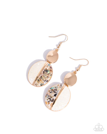 Pair of gold and white earrings on a white background