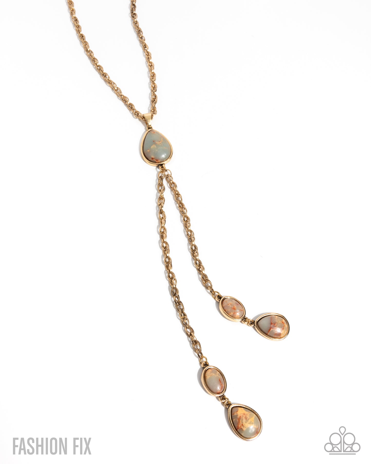 Rose gold necklace with opal-like stones on a white background