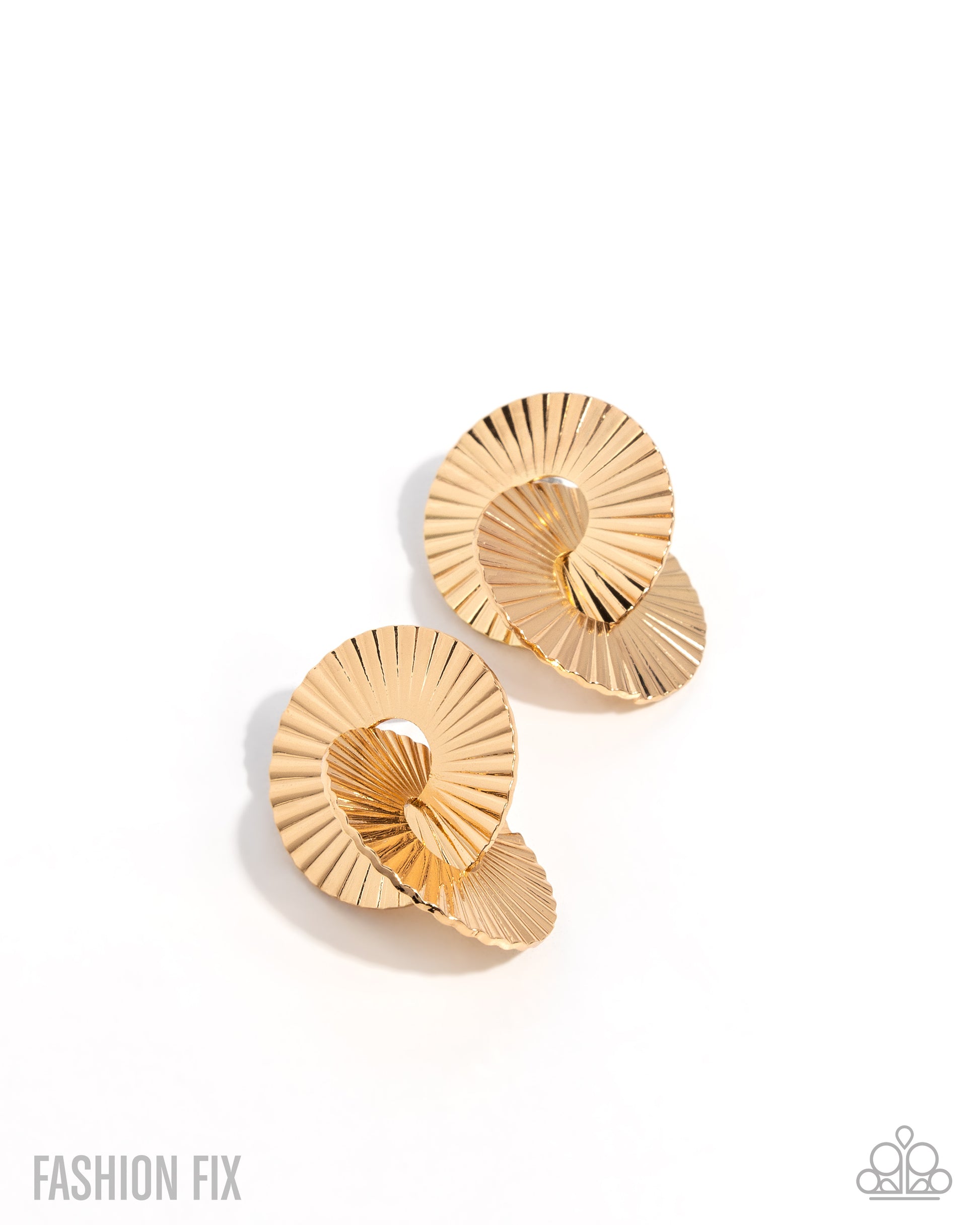 Pair of gold earrings on a white background with 'Fashion Fix' branding.