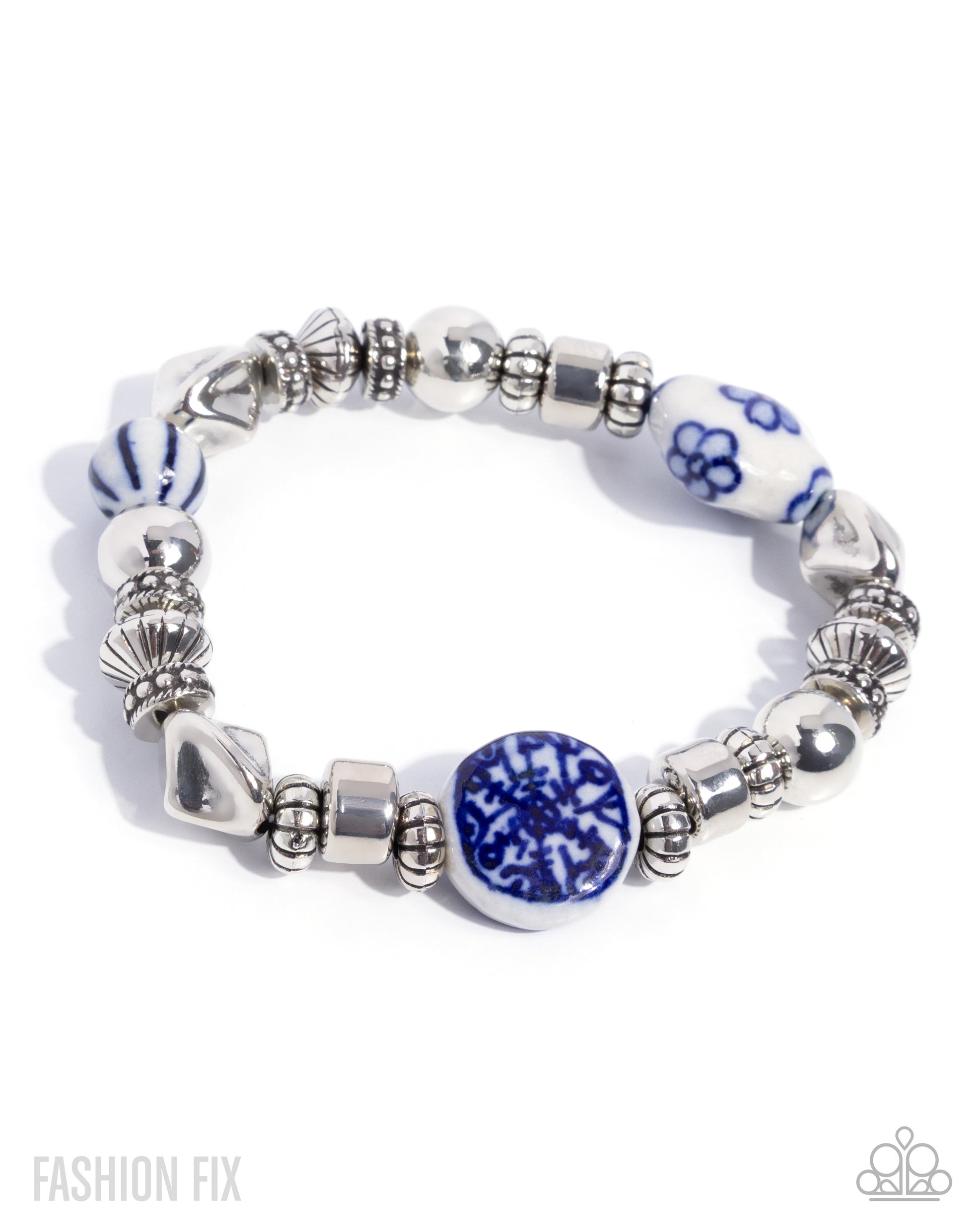 Bracelet with blue and white floral beads on a white background