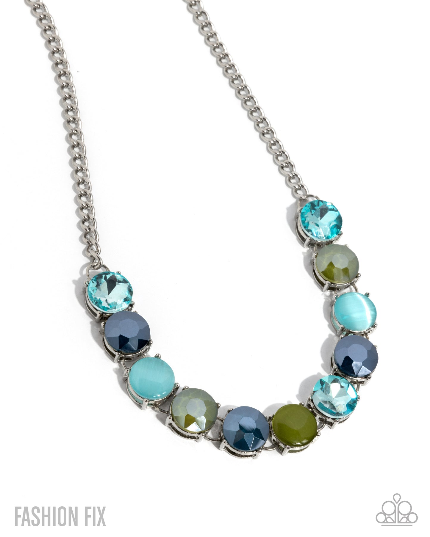 Necklace with multicolored gemstones on a white background