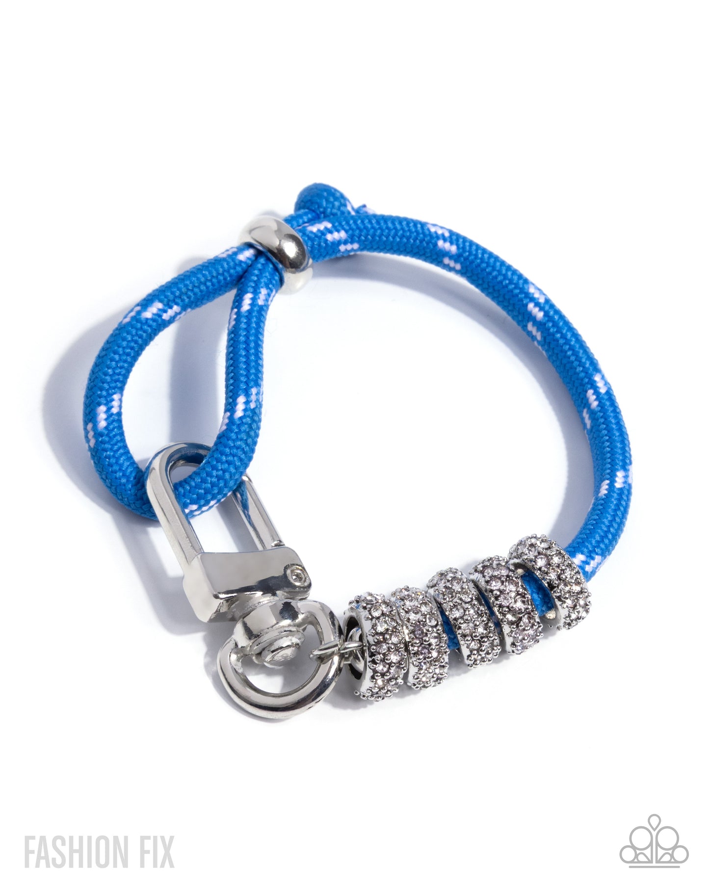 Blue braided bracelet with silver clasp and decorative beads on a white background
