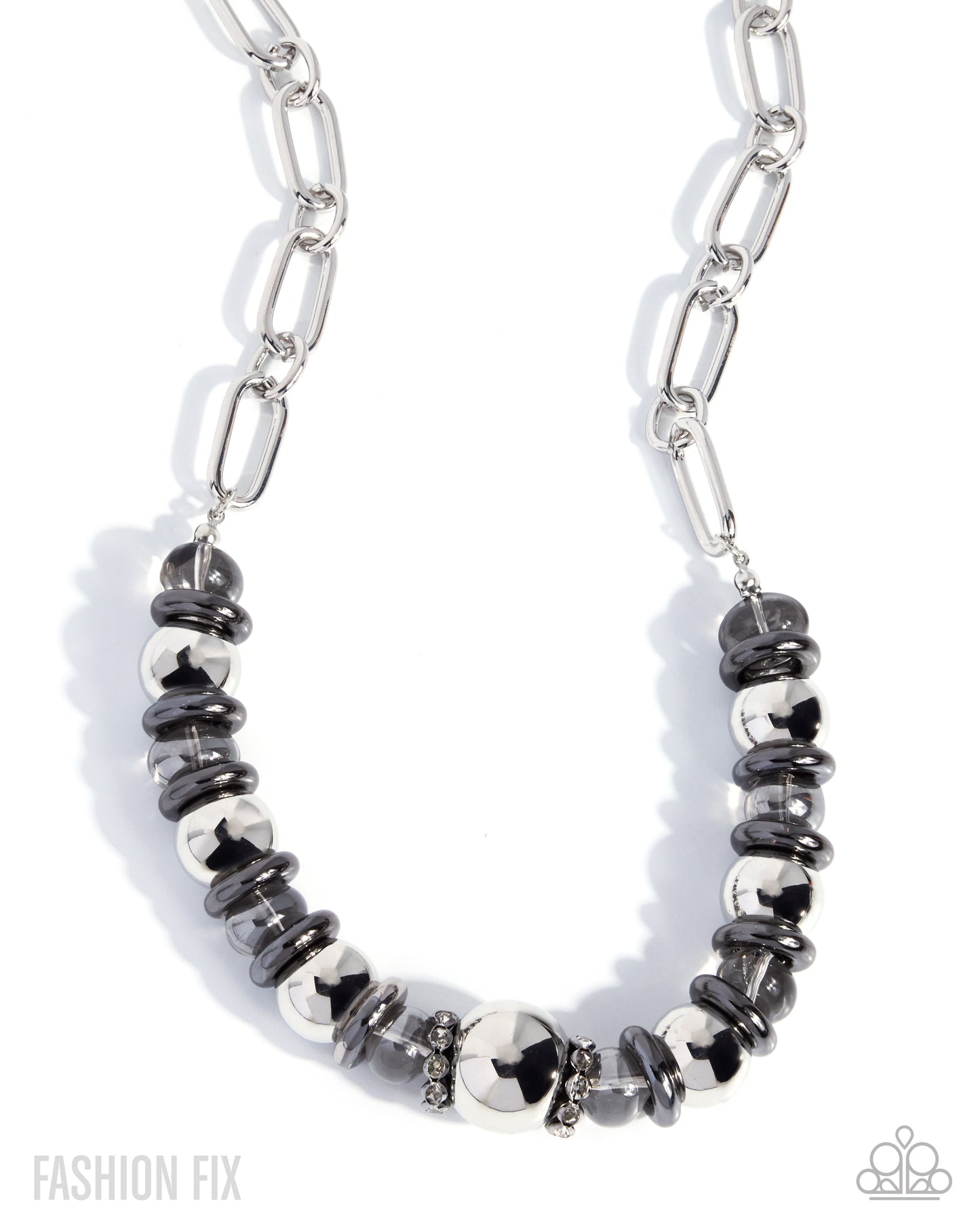 A silver paperclip chain necklace featuring a central beaded section with alternating polished silver and dark gray metallic beads, displayed on a clean white background.