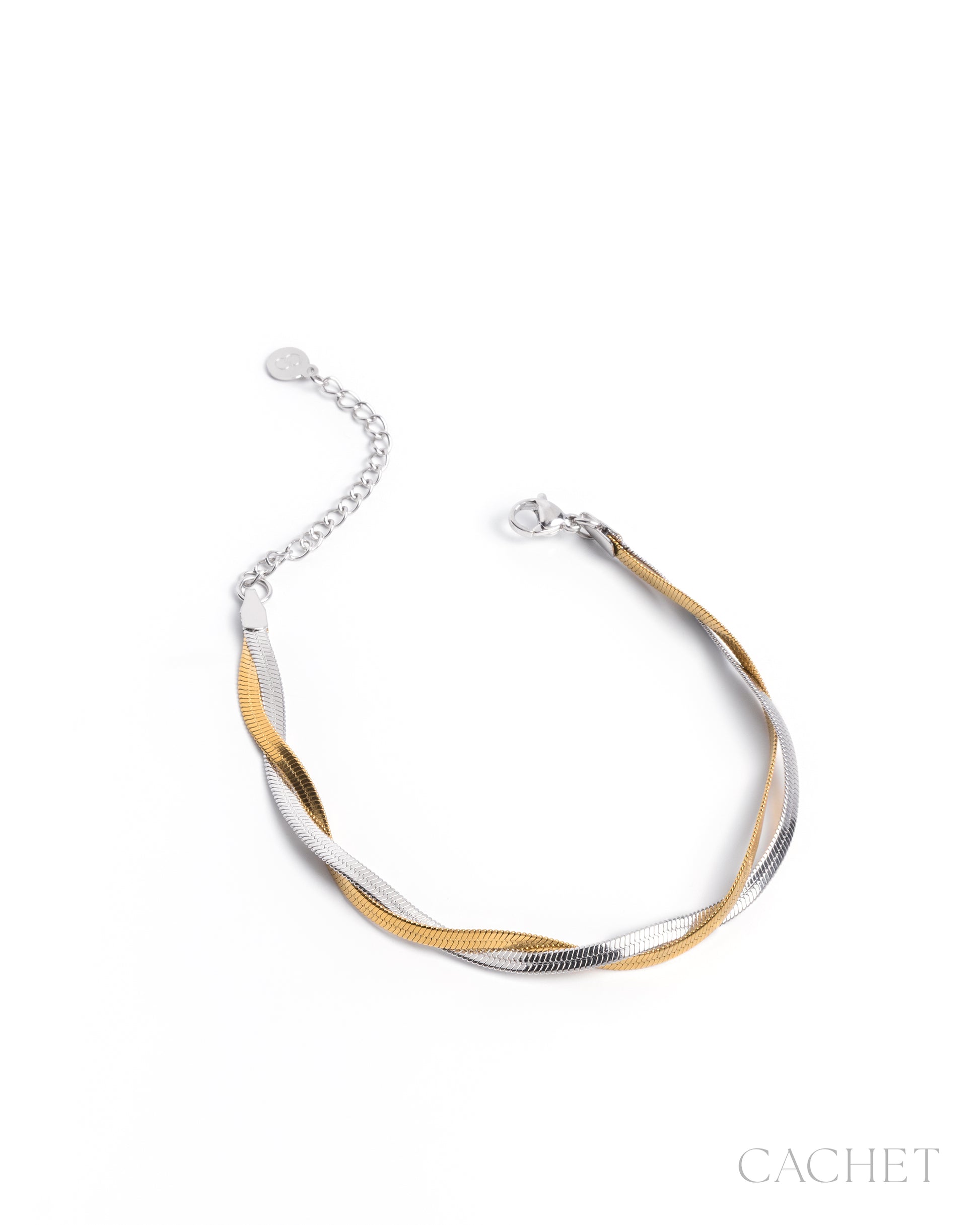 Two-tone gold and silver necklace on a white background with 'Cachet' branding.