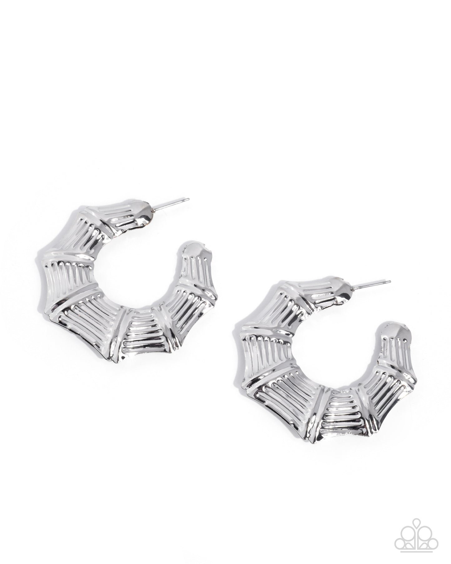 Silver hoop earrings with geometric design on a white background