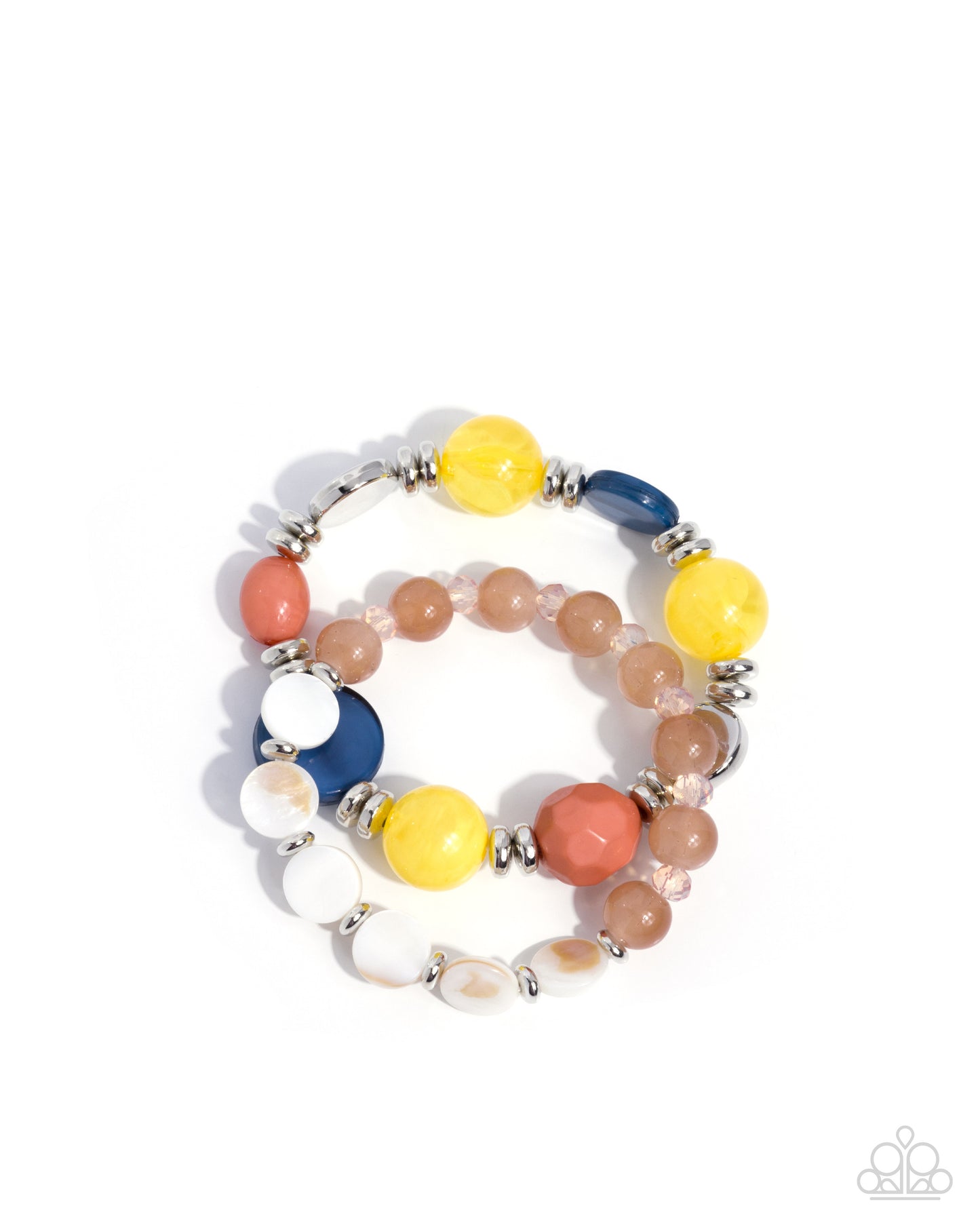 A set of three beaded stretch bracelets with colorful round and oval beads in yellow, coral, blue, white, and peach, separated by small silver spacer beads, shown on a plain white background.