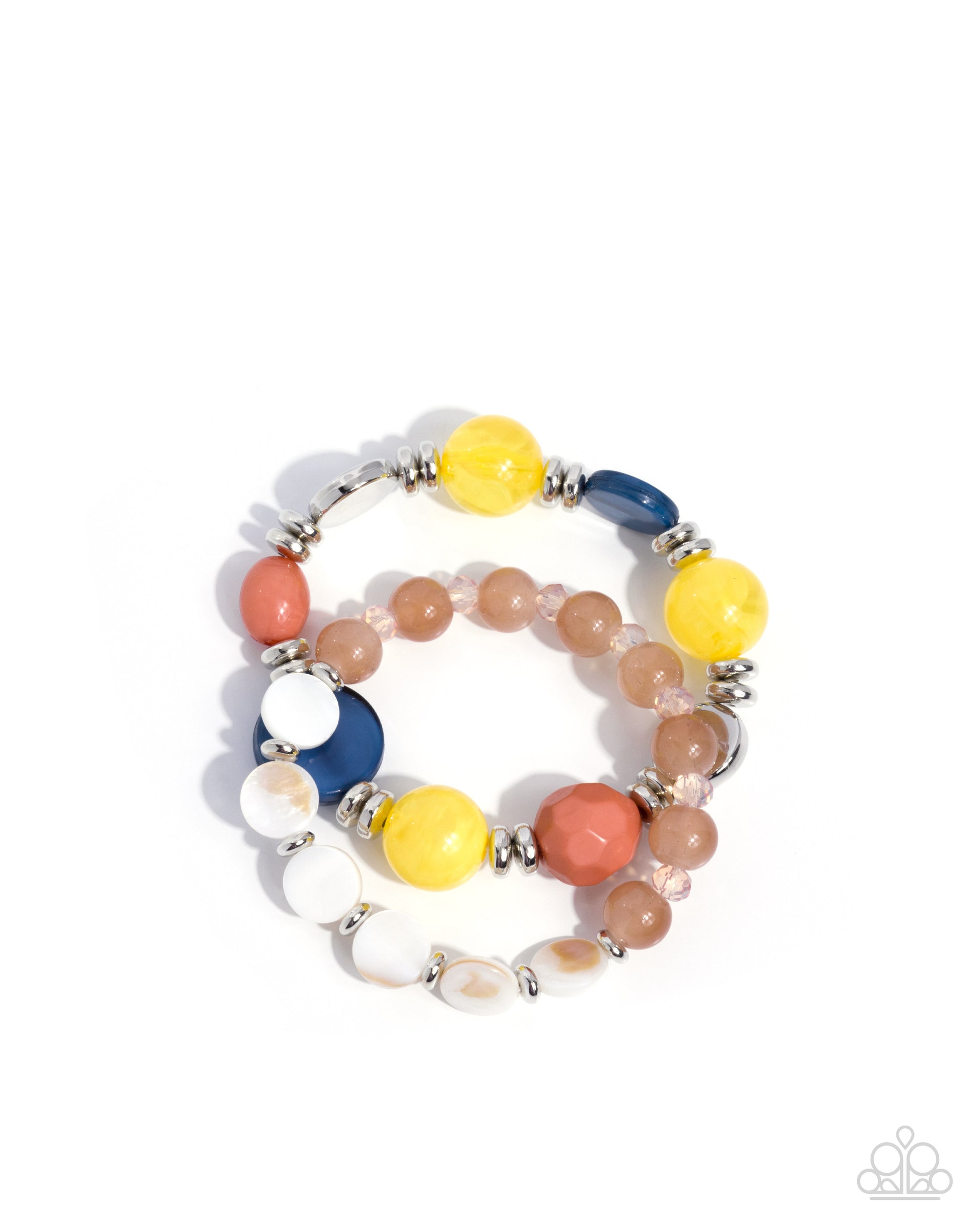 A set of three beaded stretch bracelets with colorful round and oval beads in yellow, coral, blue, white, and peach, separated by small silver spacer beads, shown on a plain white background.