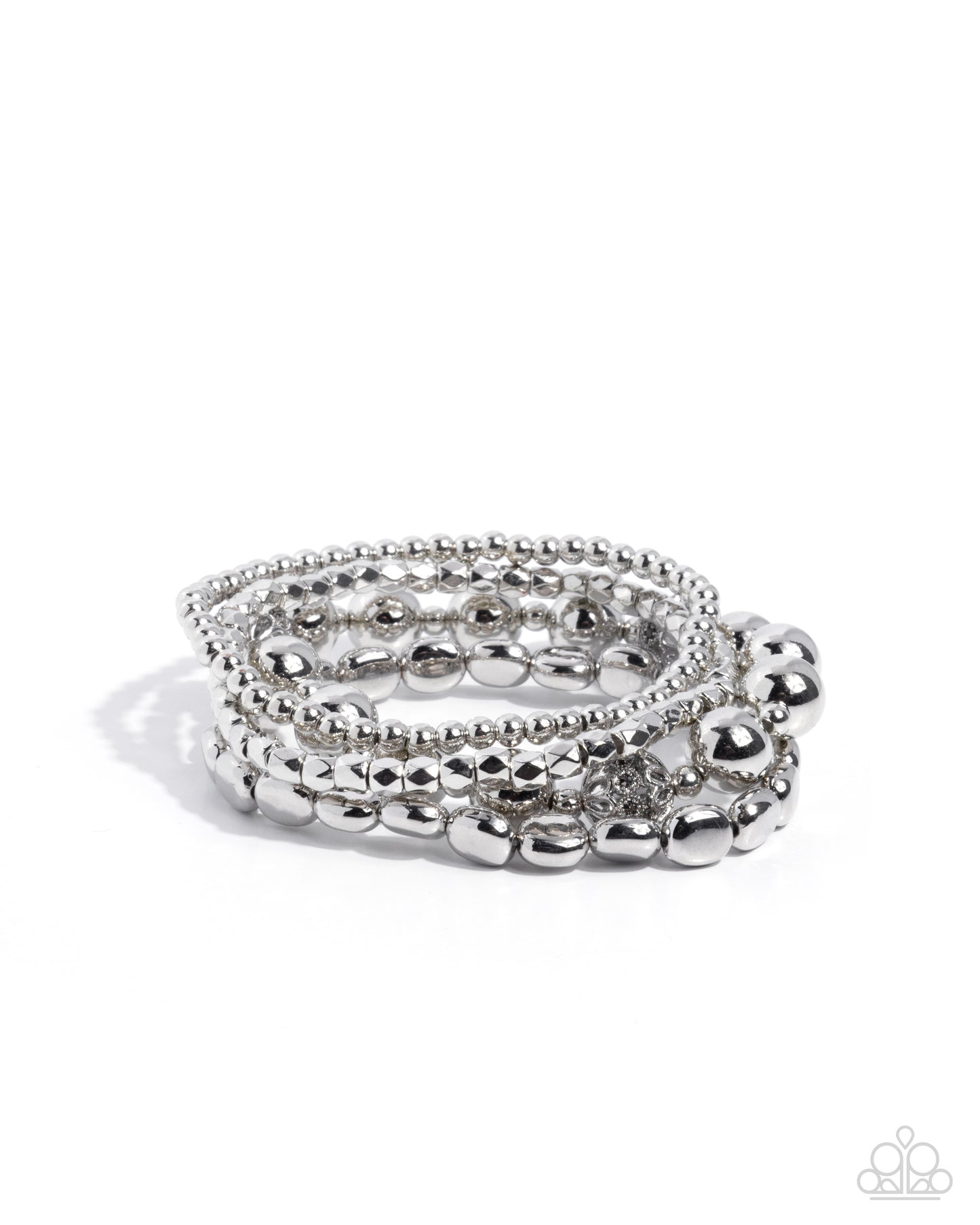 Set of silver beaded bracelets on a white background