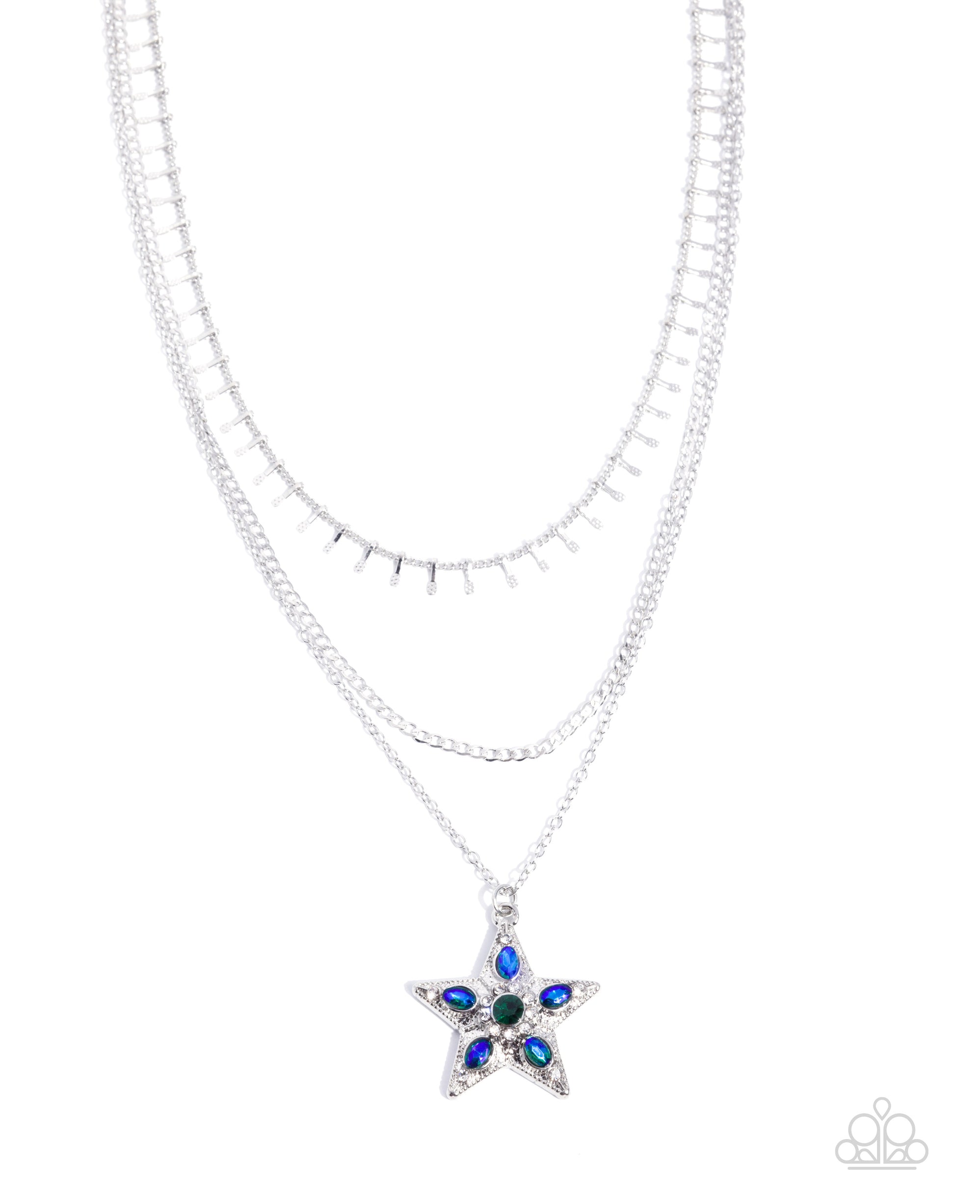 Star-shaped pendant necklace with blue stones on a white background