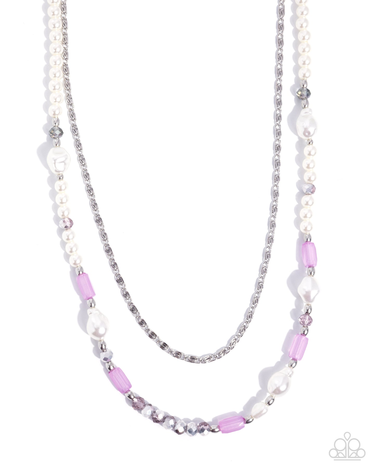 Necklace with pink and white beads on a white background