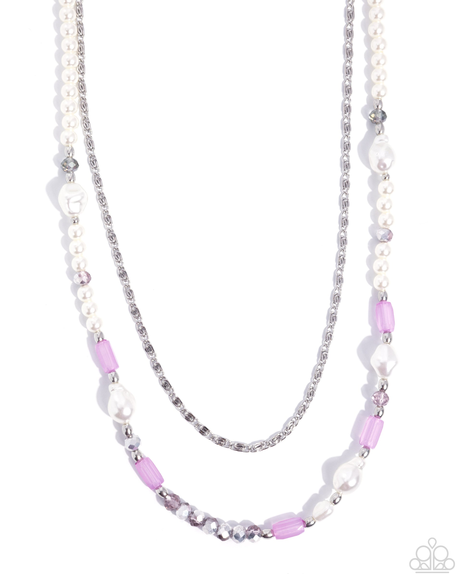 Necklace with pink and white beads on a white background