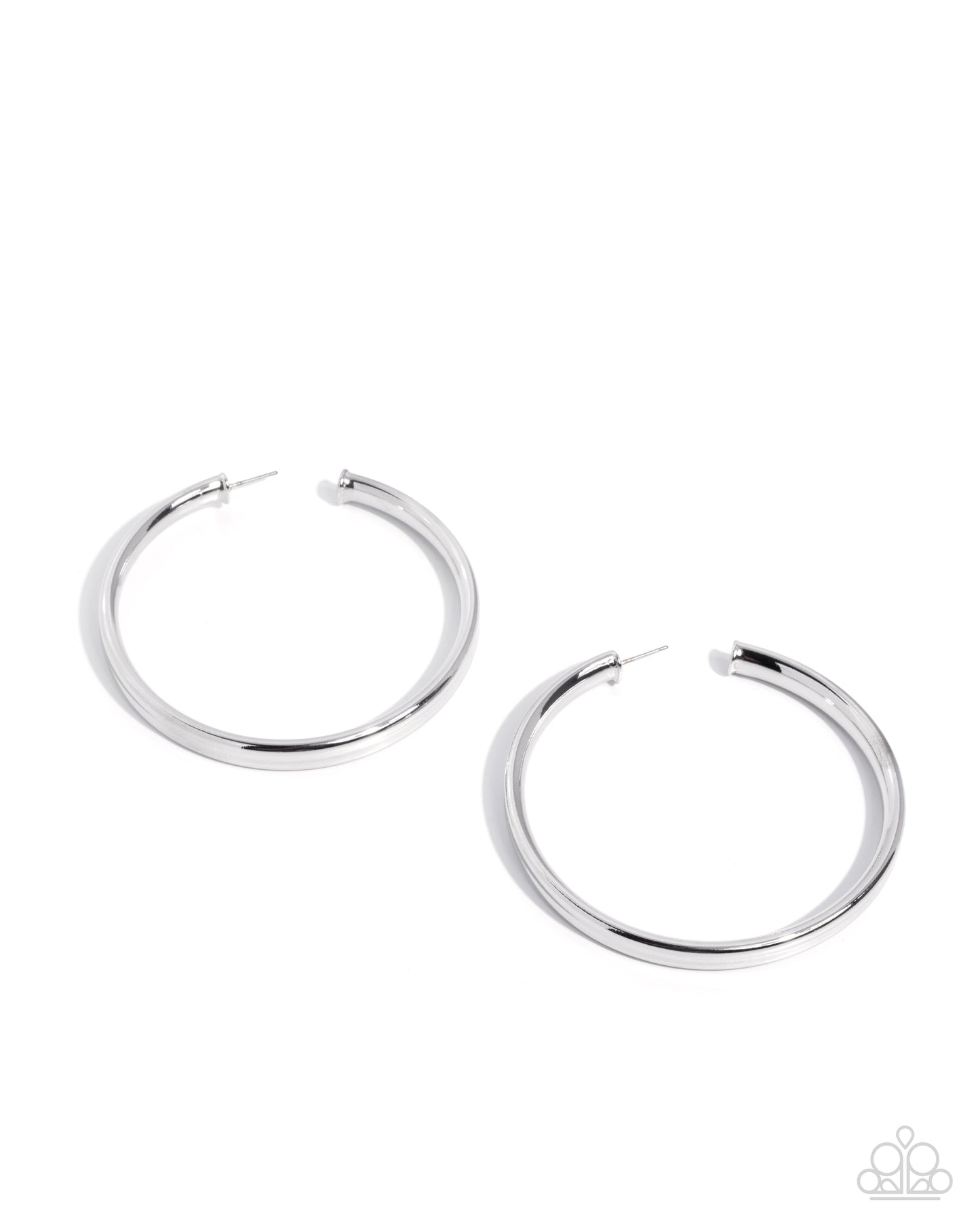 Pair of silver hoop earrings on a white background