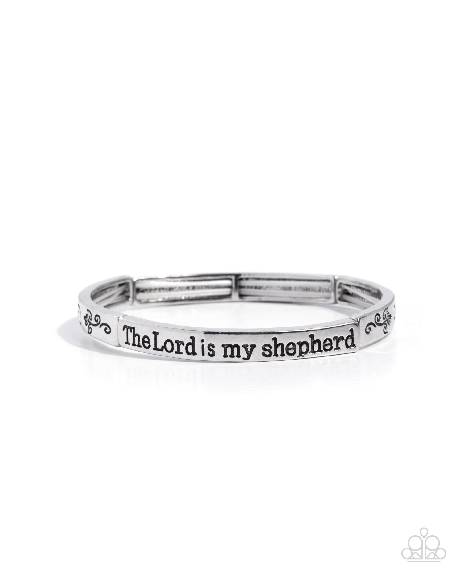 Silver bracelet with 'The Lord is my shepherd' engraving on a white background