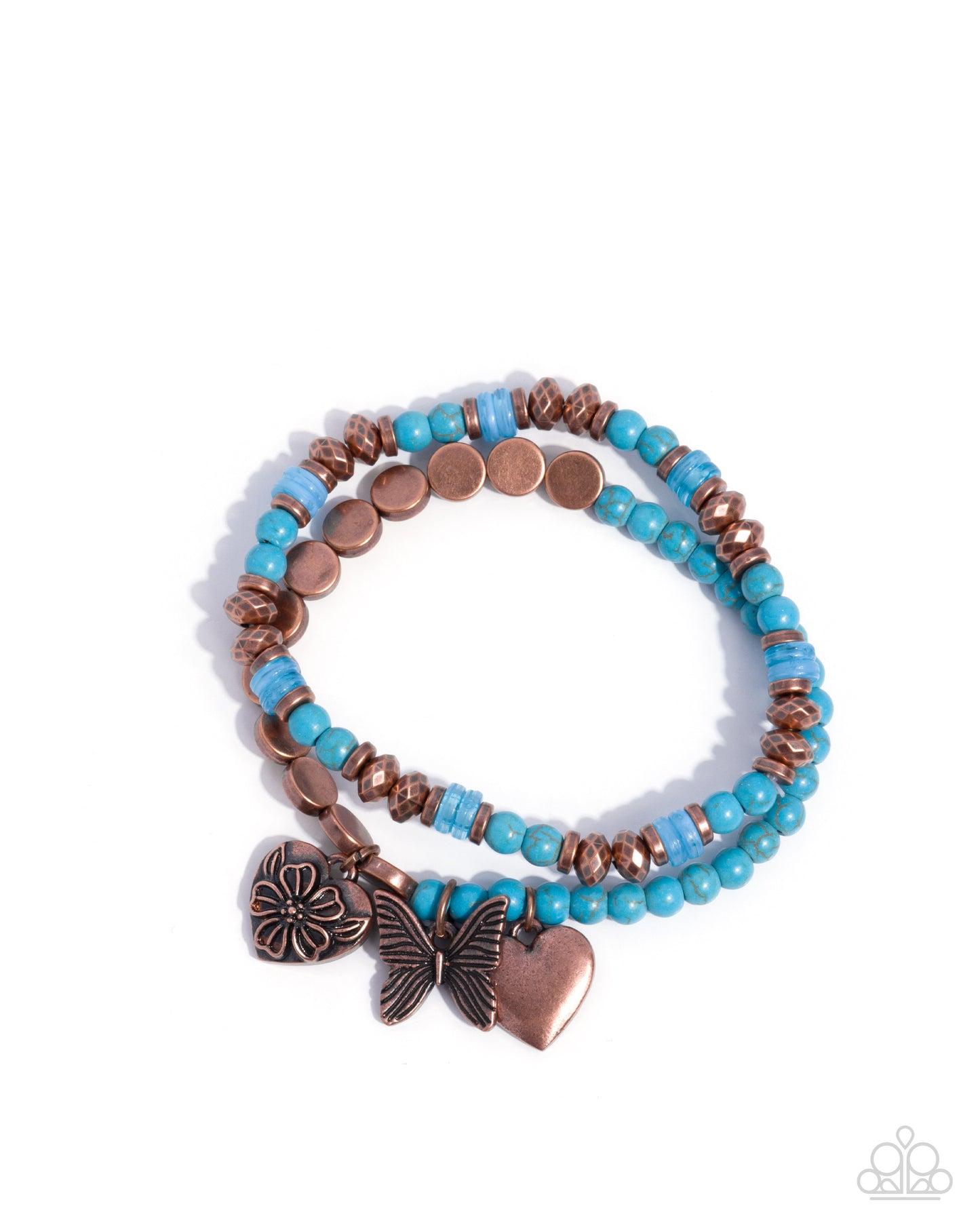 Turquoise beaded bracelet with copper accents and charms on a white background