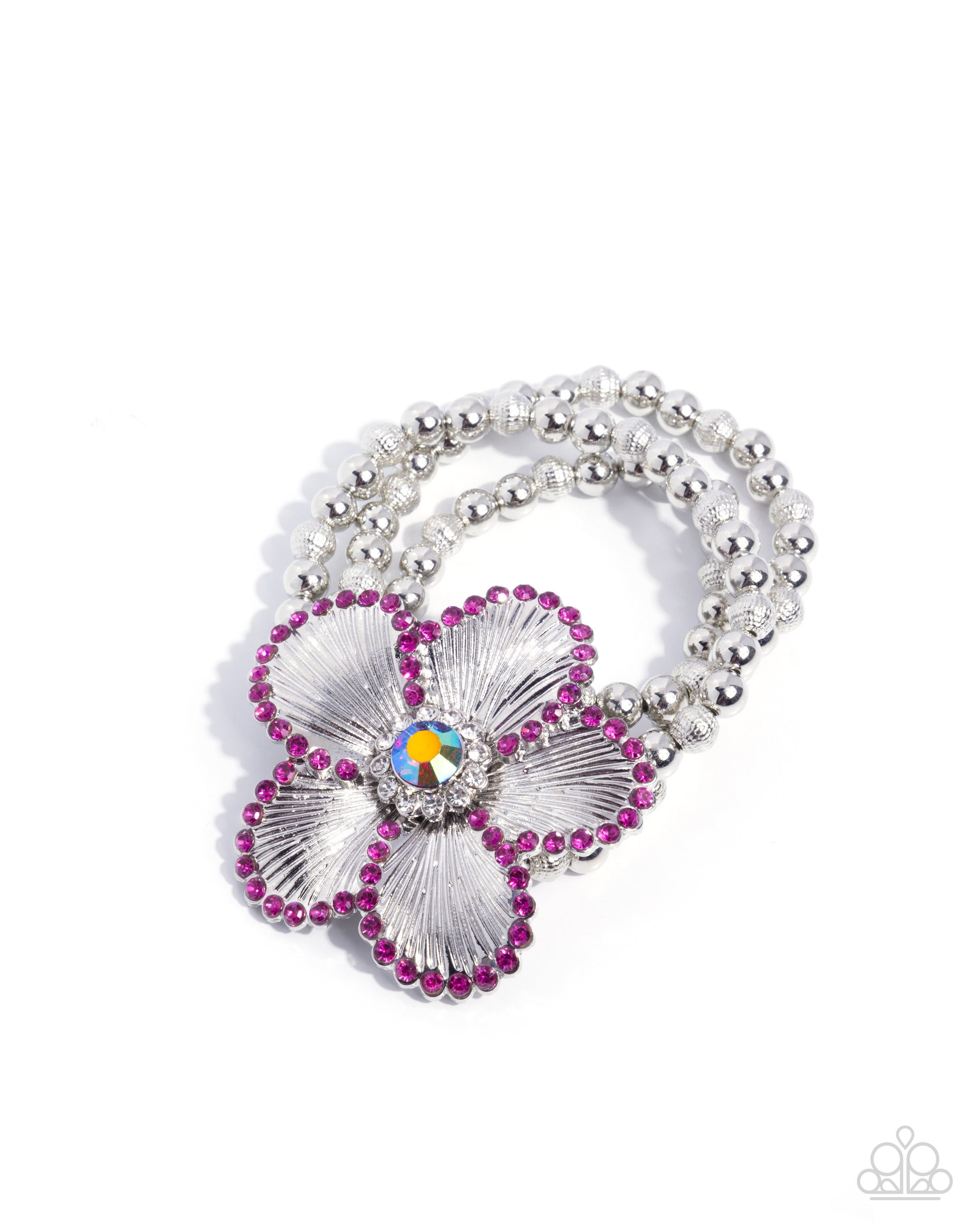 Silver necklace with pink floral pendant on a white background