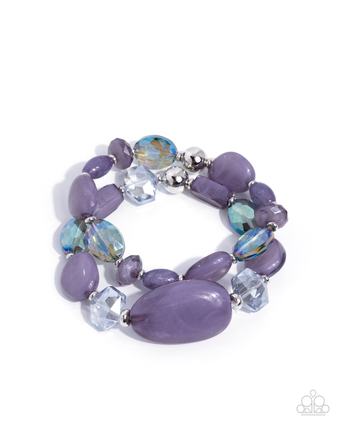 Purple beaded bracelet with silver accents on a white background