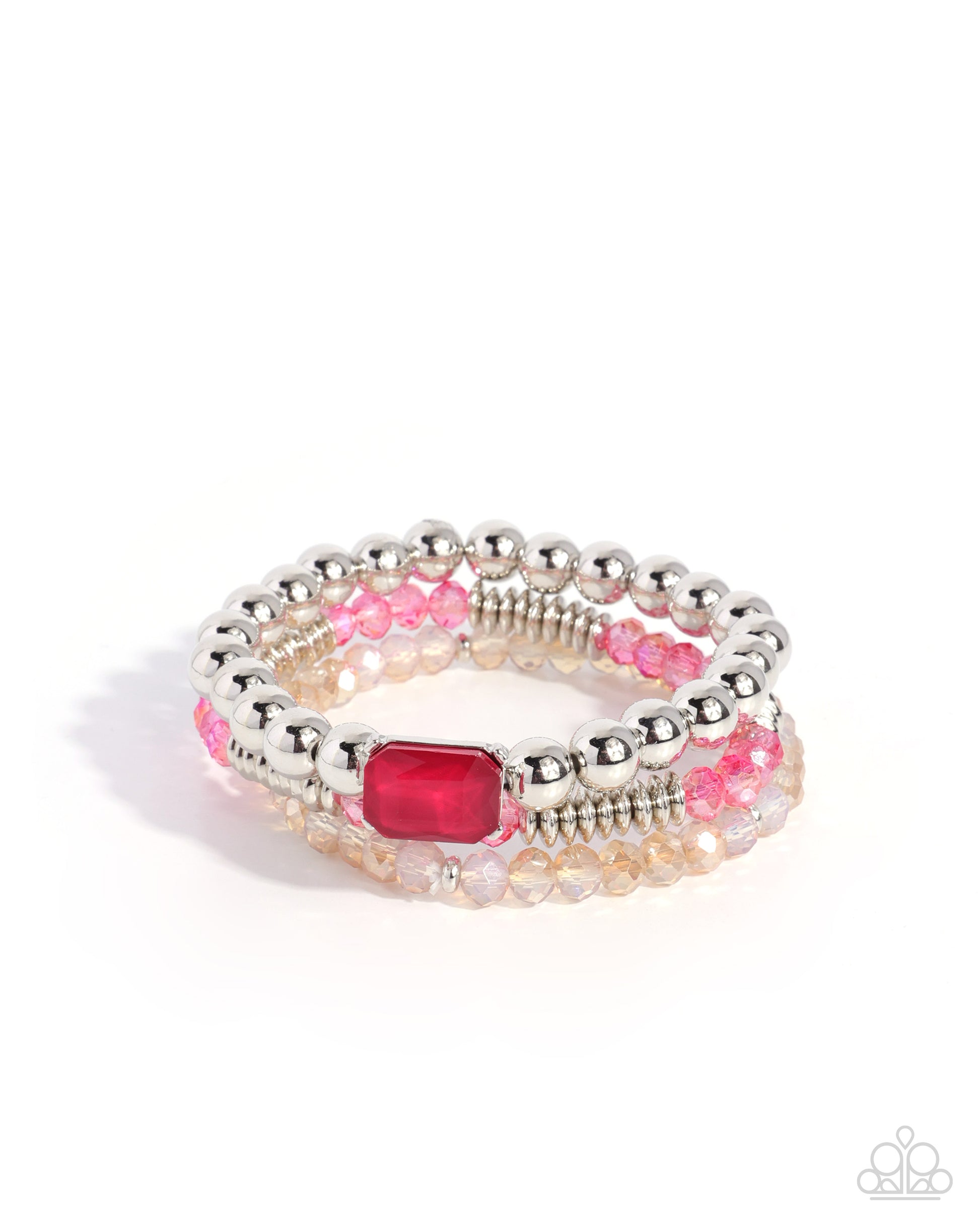 Stack of silver and pink beaded bracelets on a white background