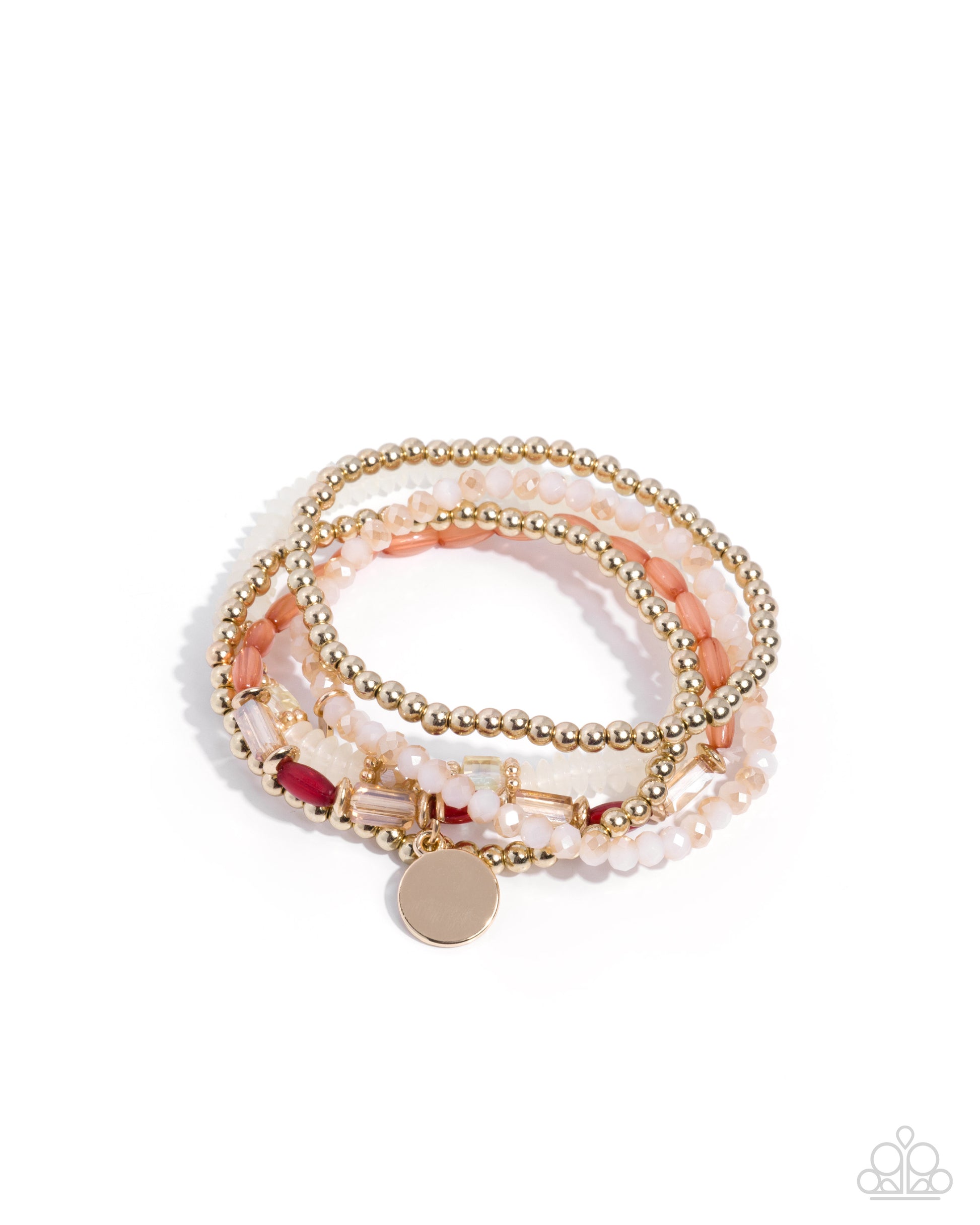 A stack of three beaded wrap bracelets on a white background. The bracelets feature gold-tone beads, light pink beads, faux pearl white beads, and a small red accent bead with a round rose gold charm.