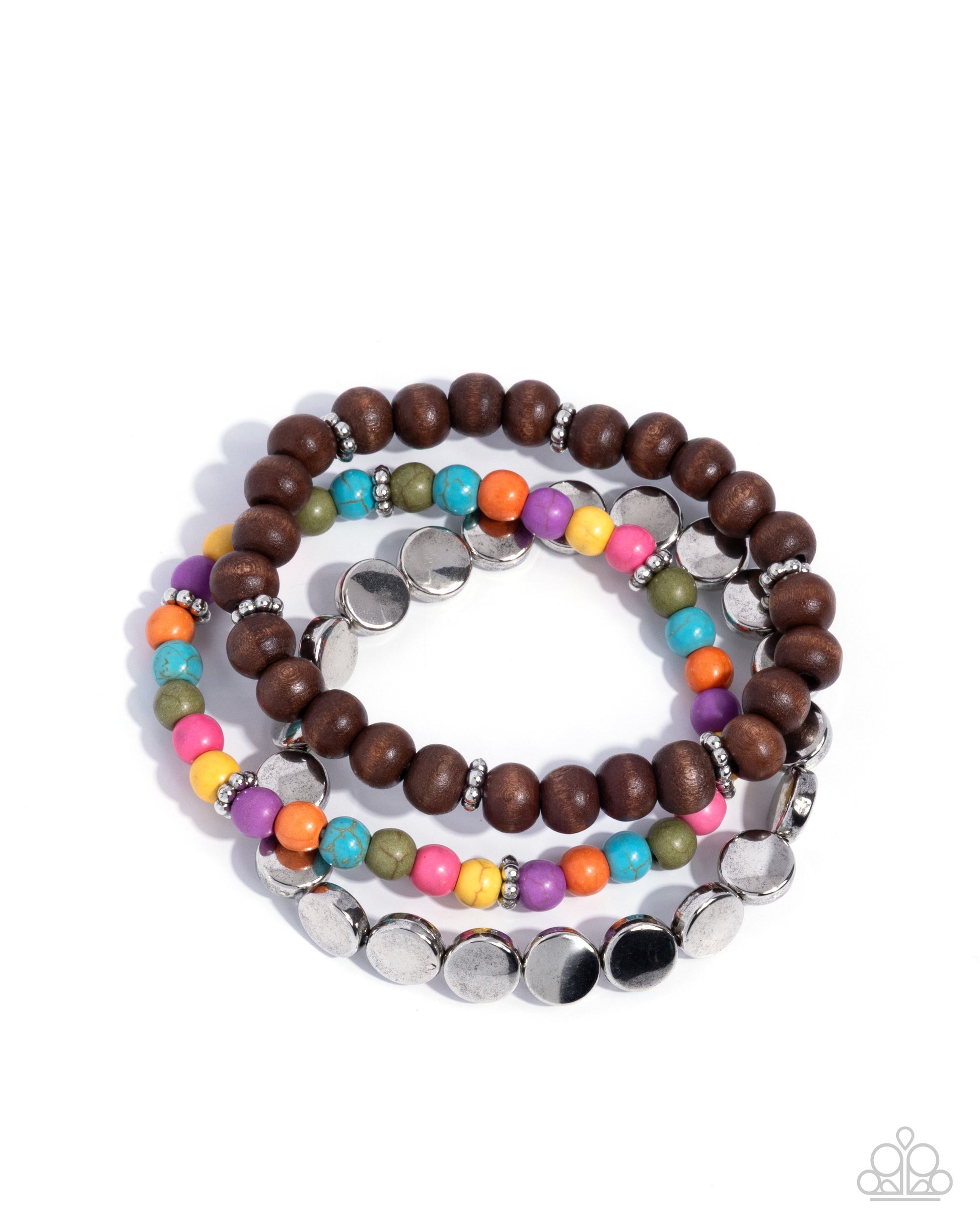 Stack of colorful beaded bracelets on a white background