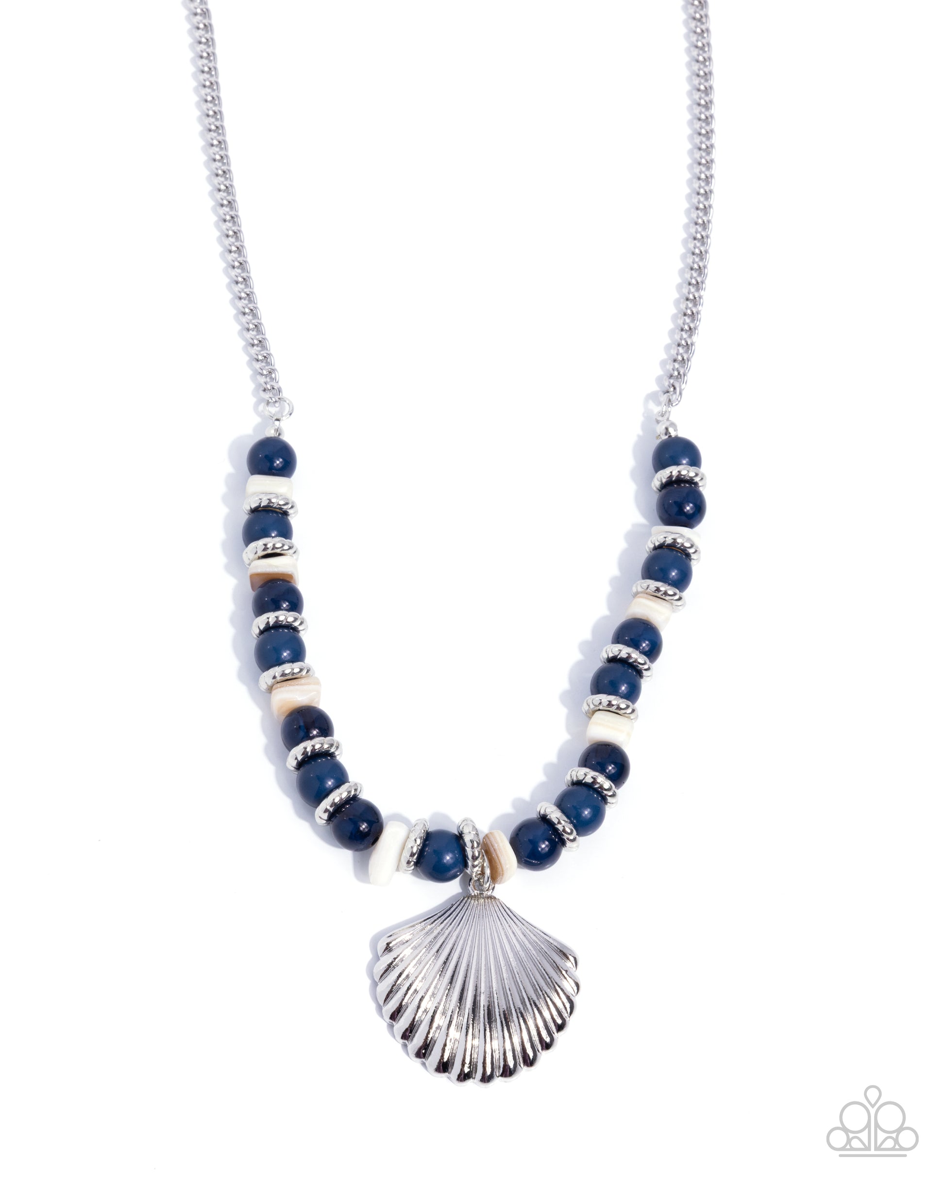 Necklace with blue beads and silver shell pendant on a white background