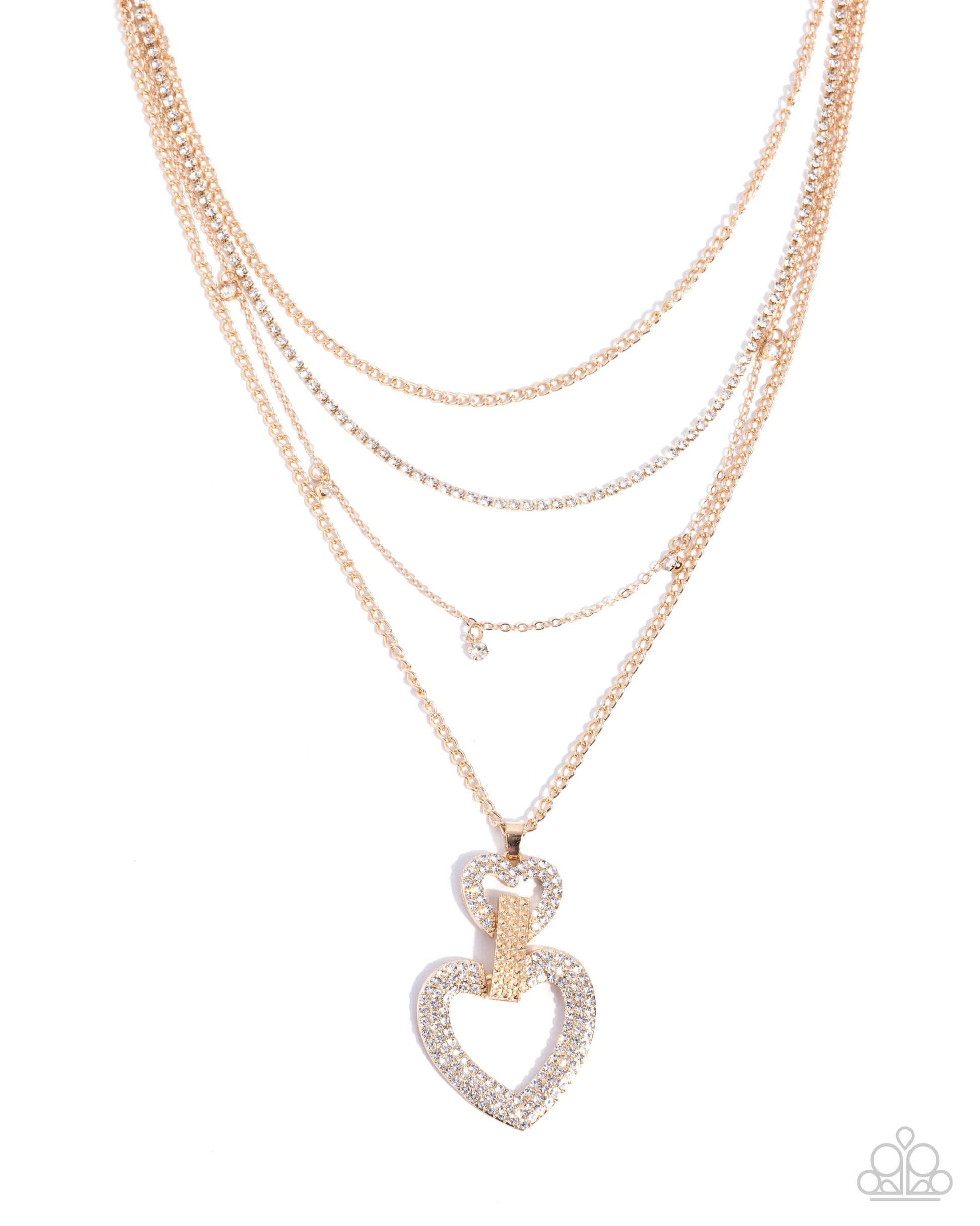 Layered rose gold necklaces with a heart-shaped pendant on a white background