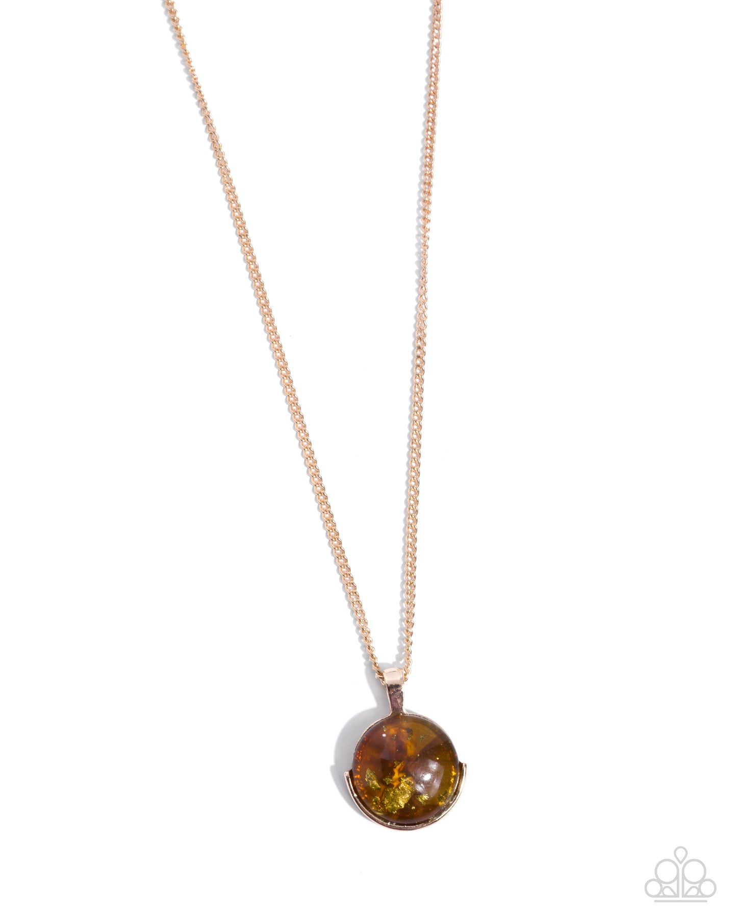 Necklace with a round amber pendant on a white background