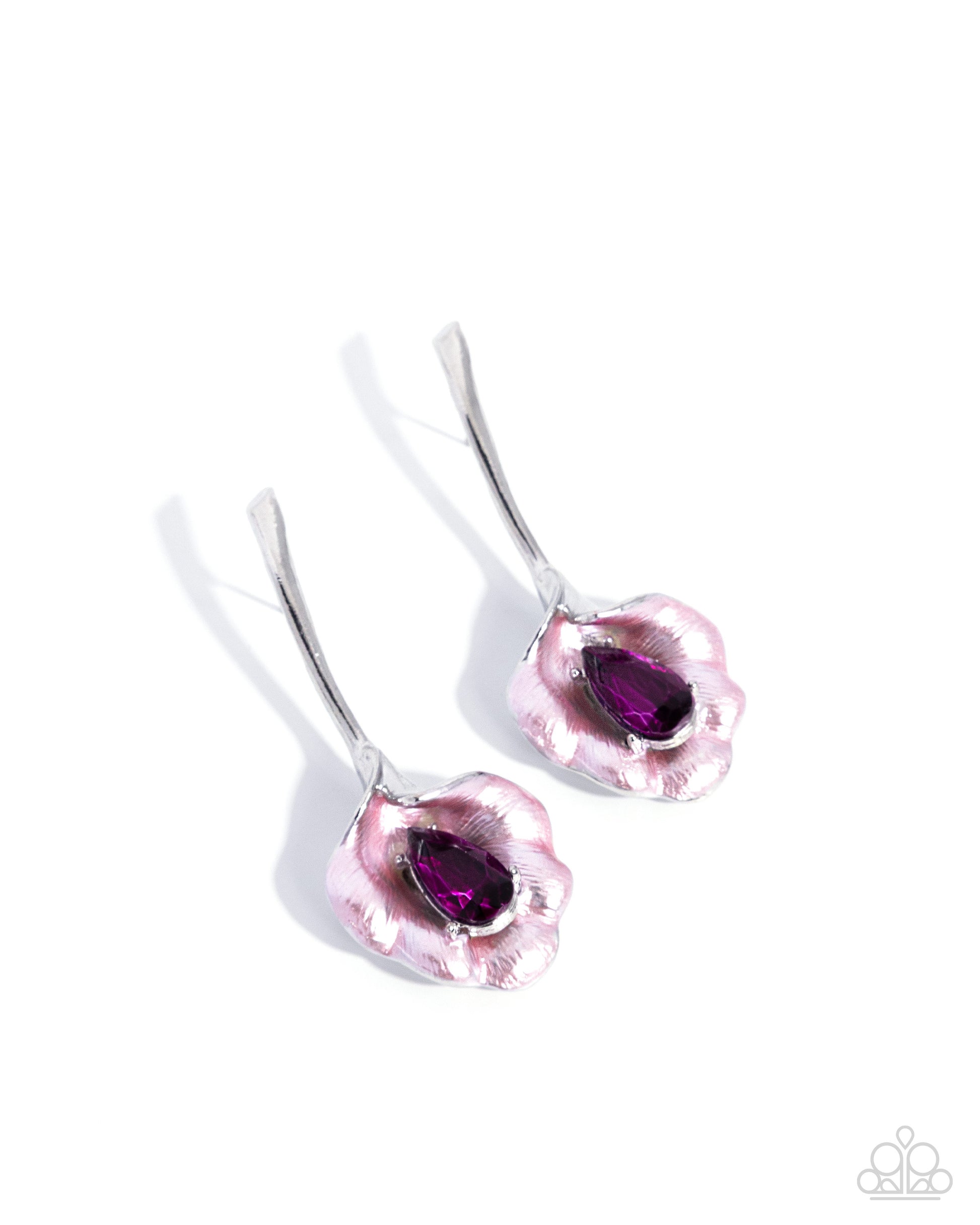 Pair of pink and purple gemstone earrings on a white background