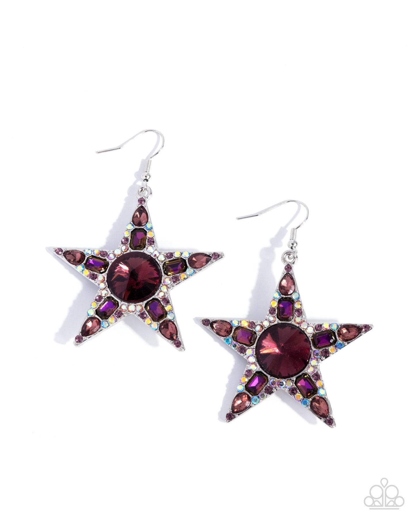 Star-shaped earrings with purple gemstones on a white background