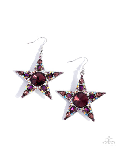 Star-shaped earrings with purple gemstones on a white background
