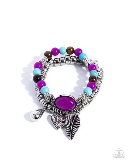 Seasonal Selfie purple stone bracelets with feather heart and teardrop charms
