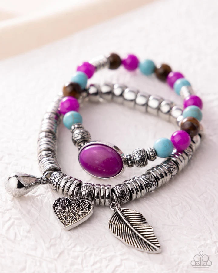 Seasonal Selfie two-piece purple stretch bracelet set with silver charms