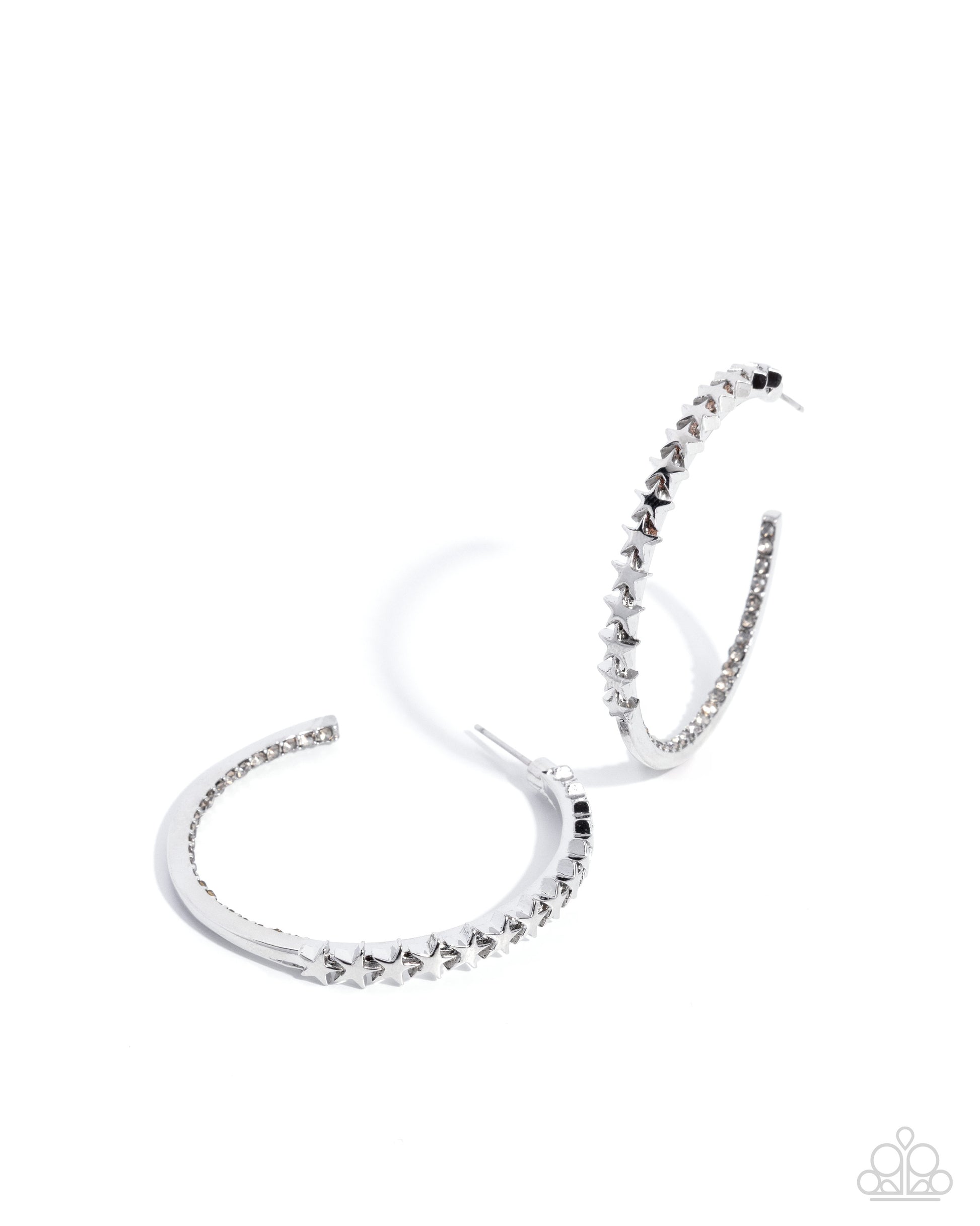 Silver hoop earrings with embedded stones on a white background