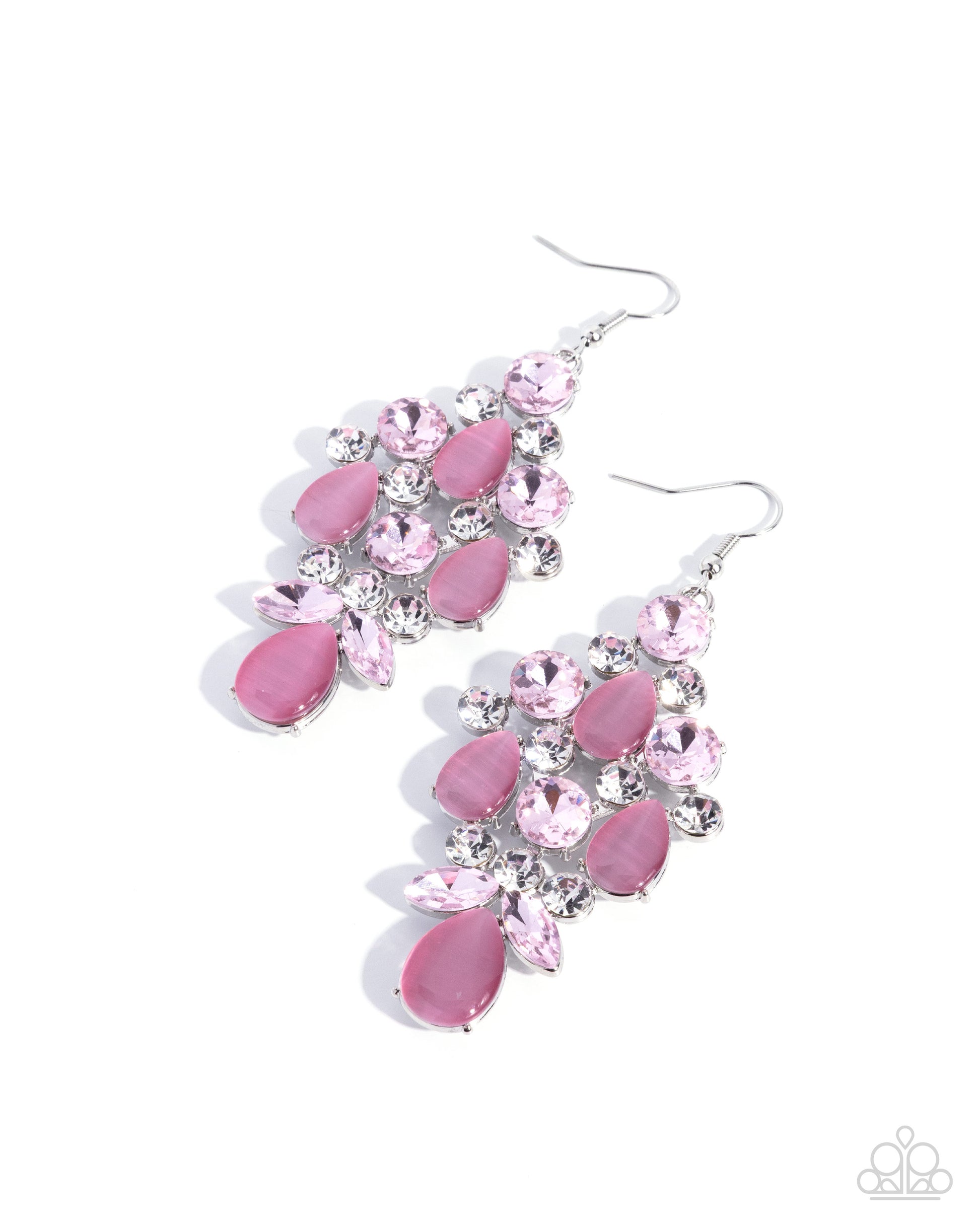 Pink and silver earrings on a white background