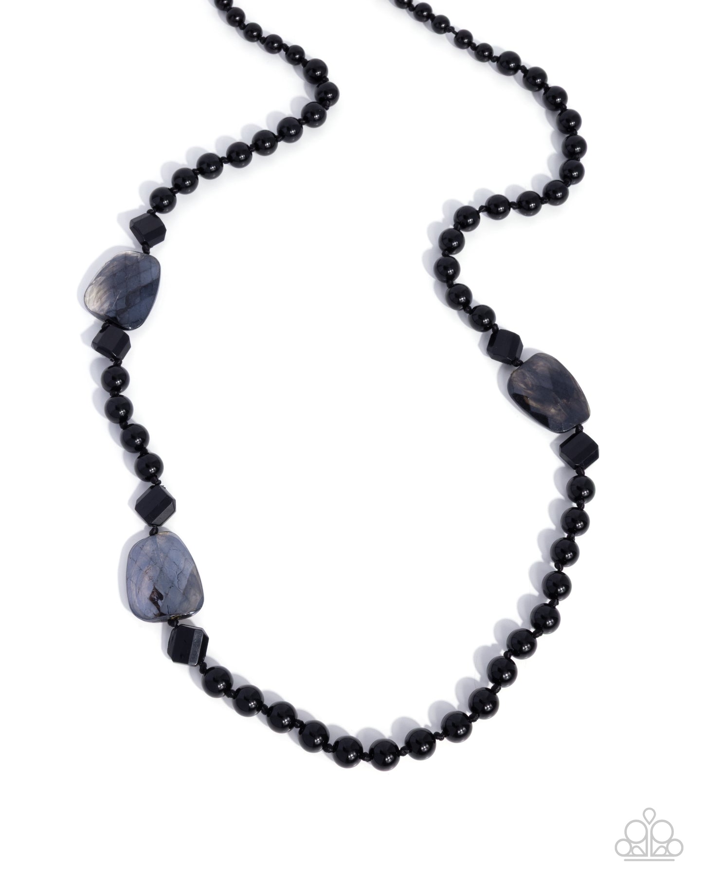Black beaded necklace with stone-like accents on a white background