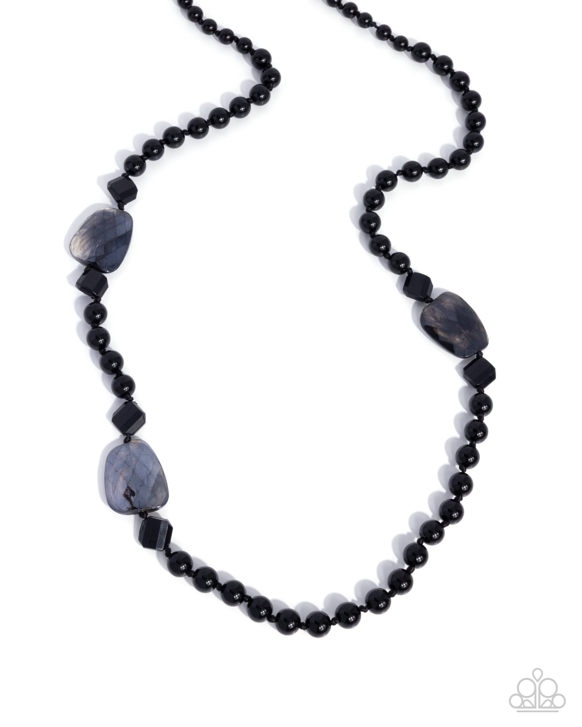 Black beaded necklace with stone-like accents on a white background