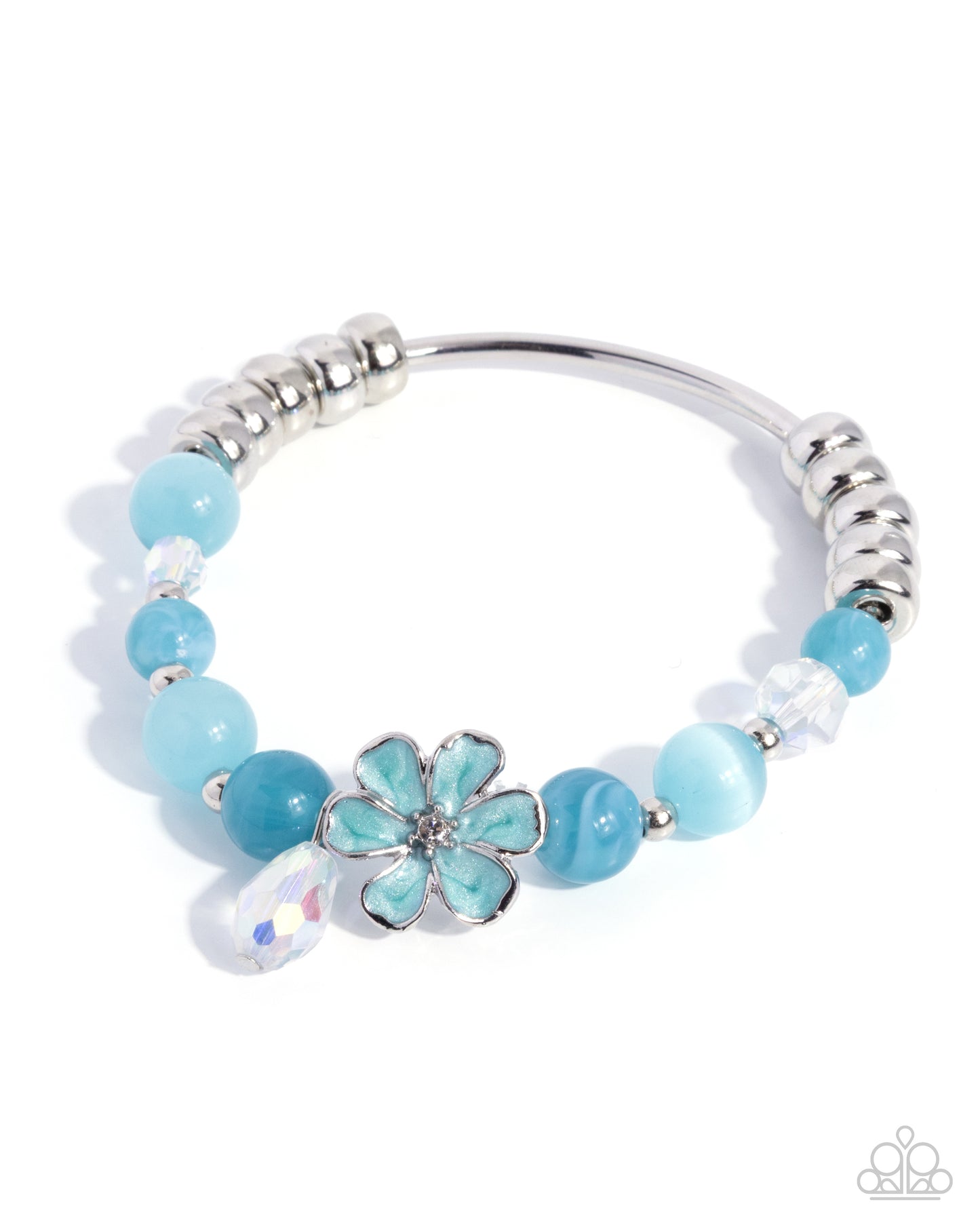 Bracelet with blue floral beads and silver accents on a white background
