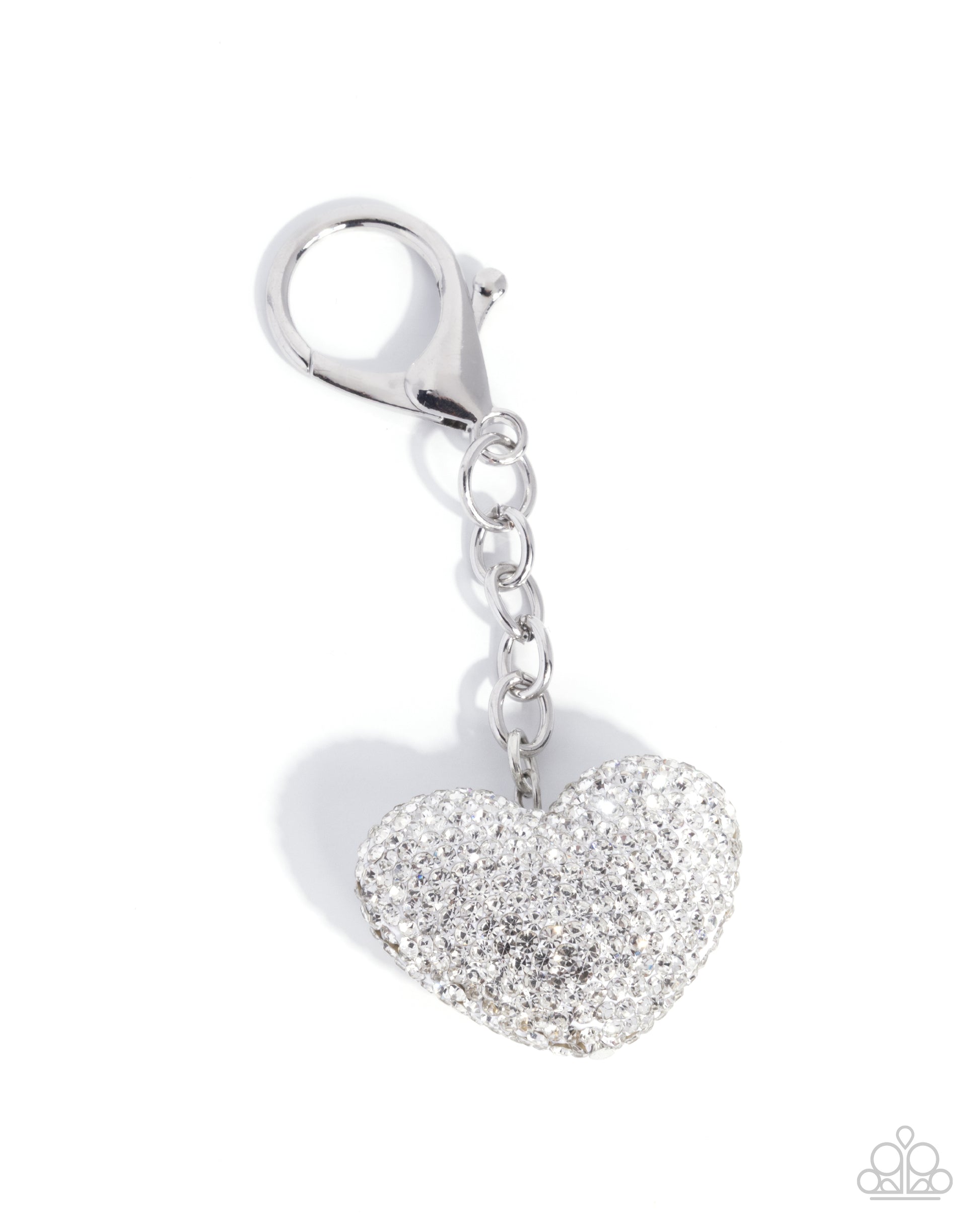 Silver heart-shaped keychain with clear stones on a white background