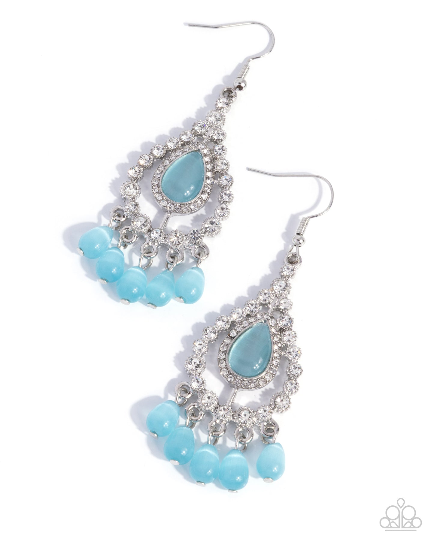 Pair of blue and silver earrings on a white background