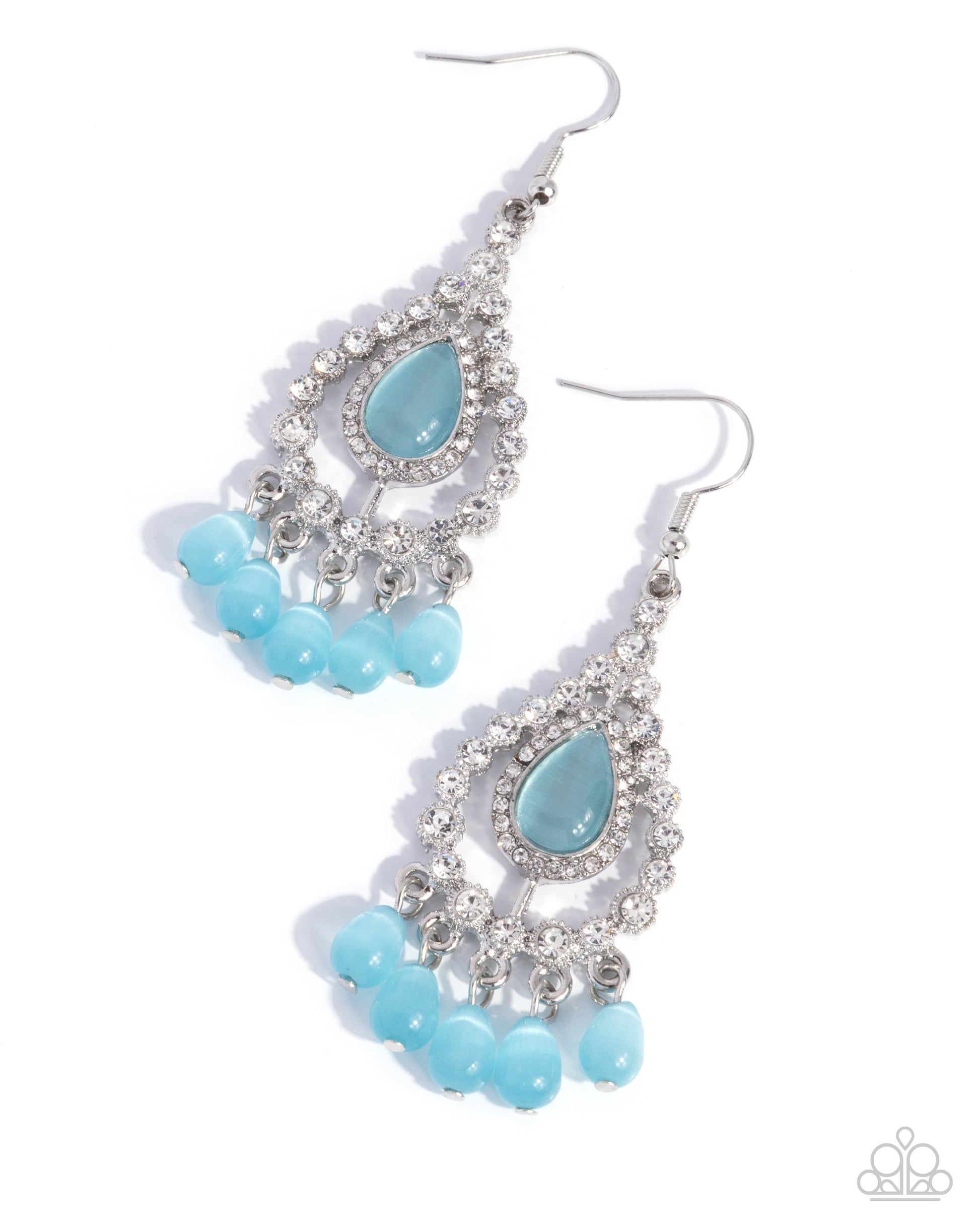 Pair of blue and silver earrings on a white background
