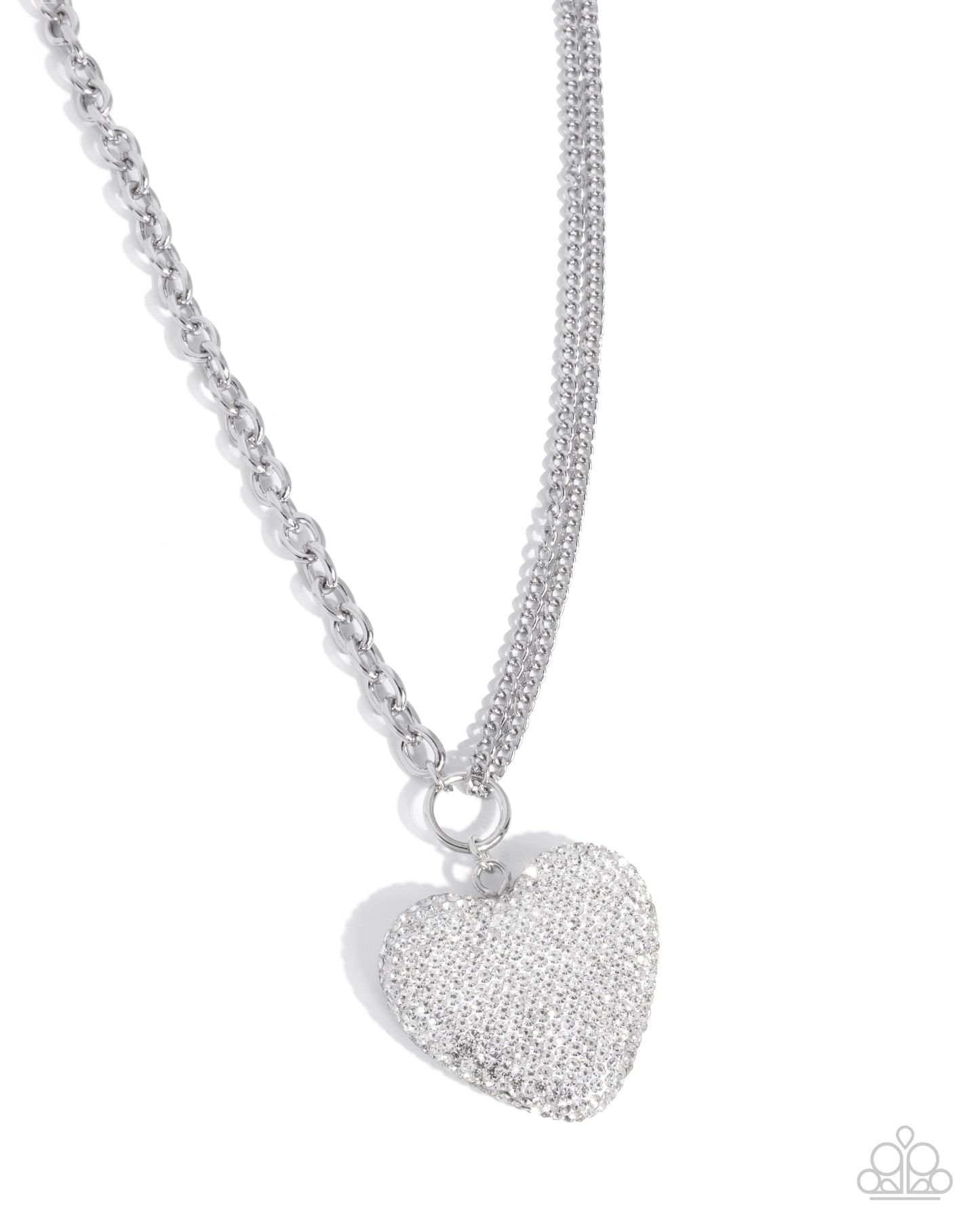Silver heart-shaped pendant on a chain against a white background