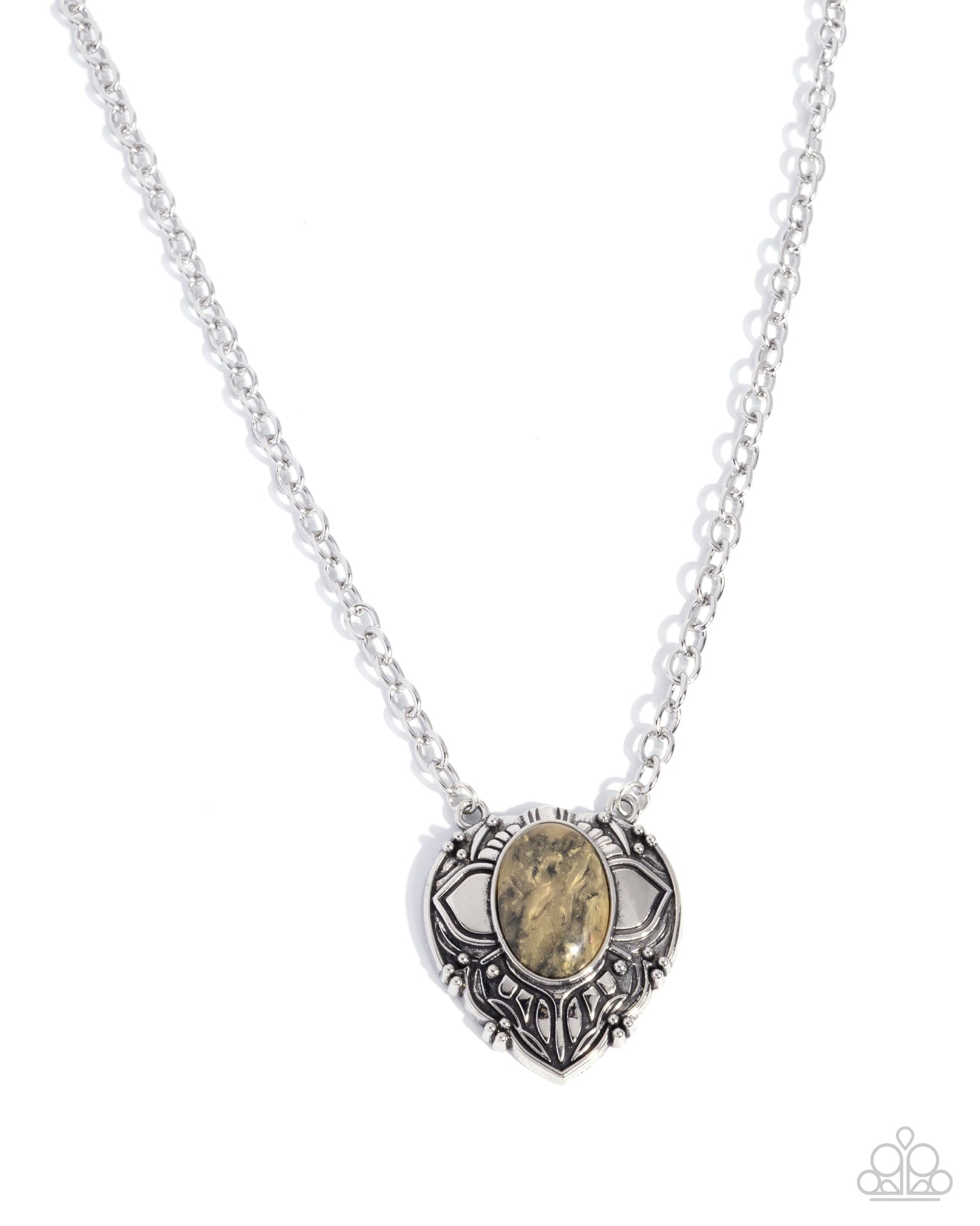 Silver necklace with a heart-shaped pendant featuring a stone on a white background