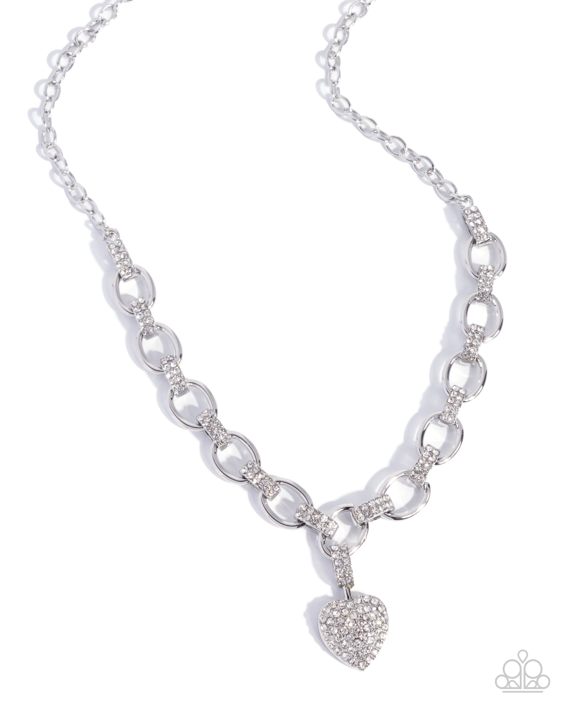 Silver chain necklace with a heart-shaped pendant on a white background