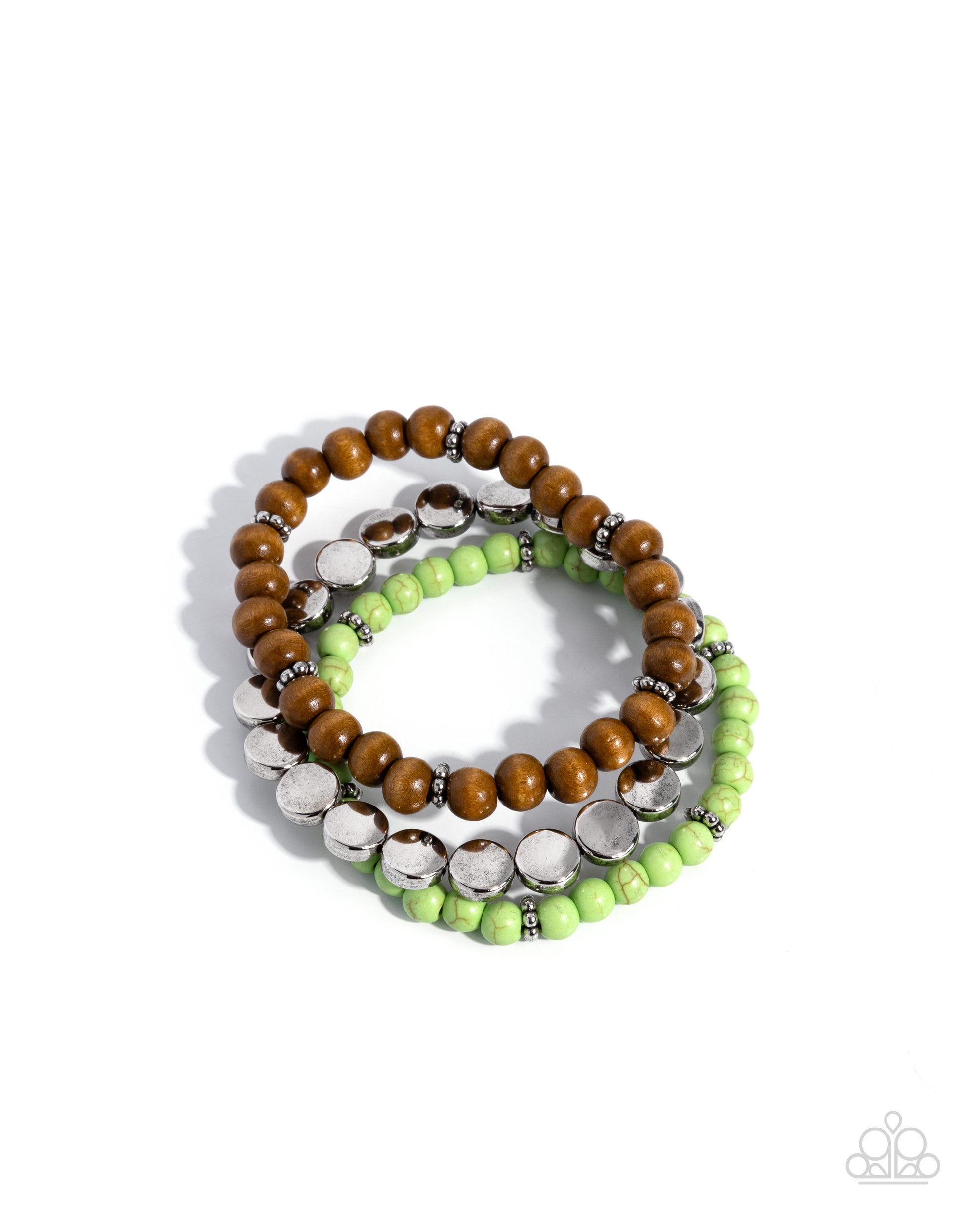 Stack of beaded bracelets with brown, green, and silver beads on a white background