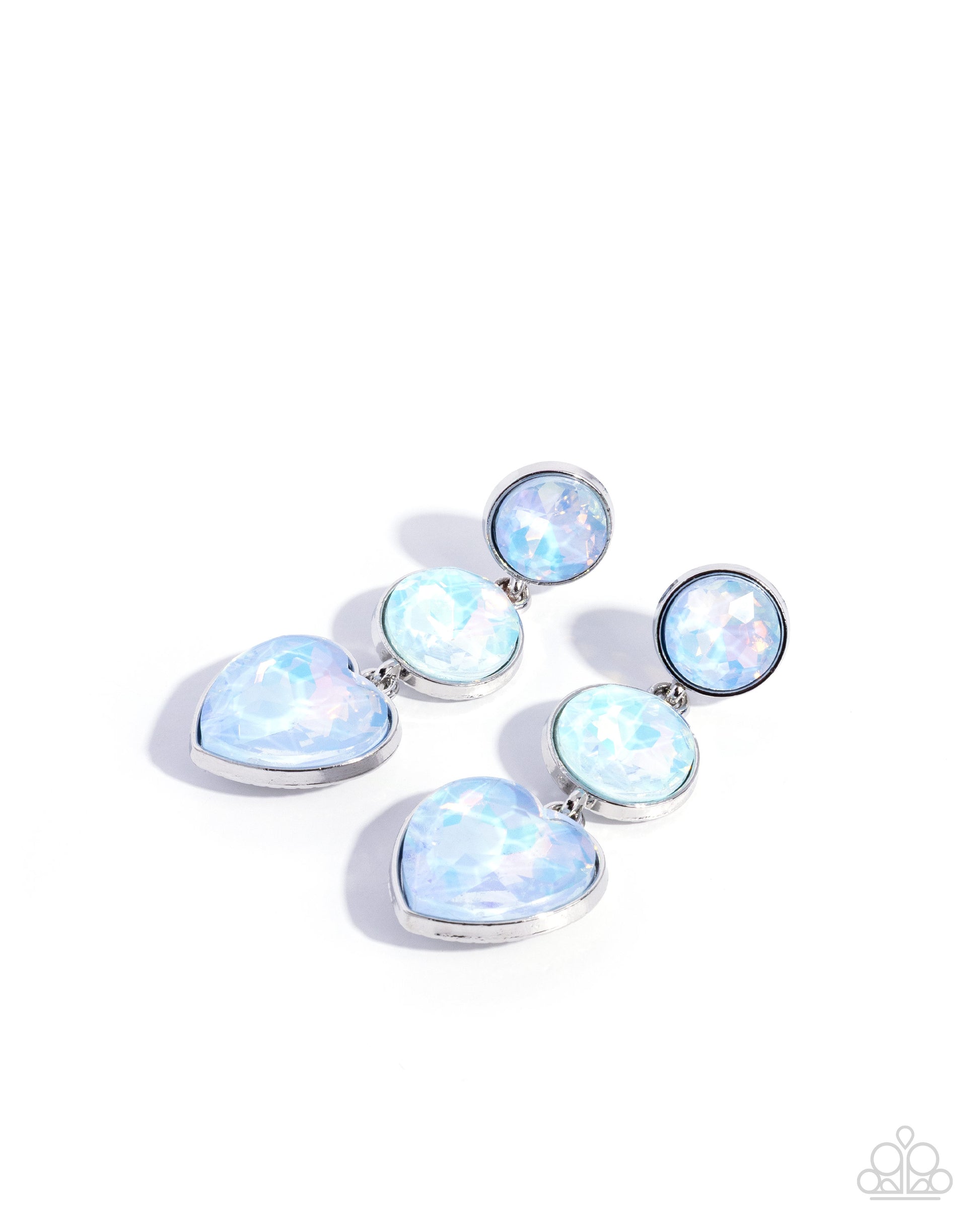 Pair of earrings with heart-shaped opal stones on a white background