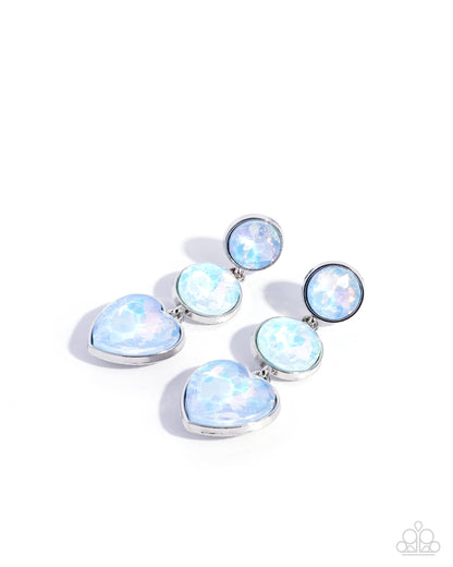 Pair of earrings with heart-shaped opal stones on a white background