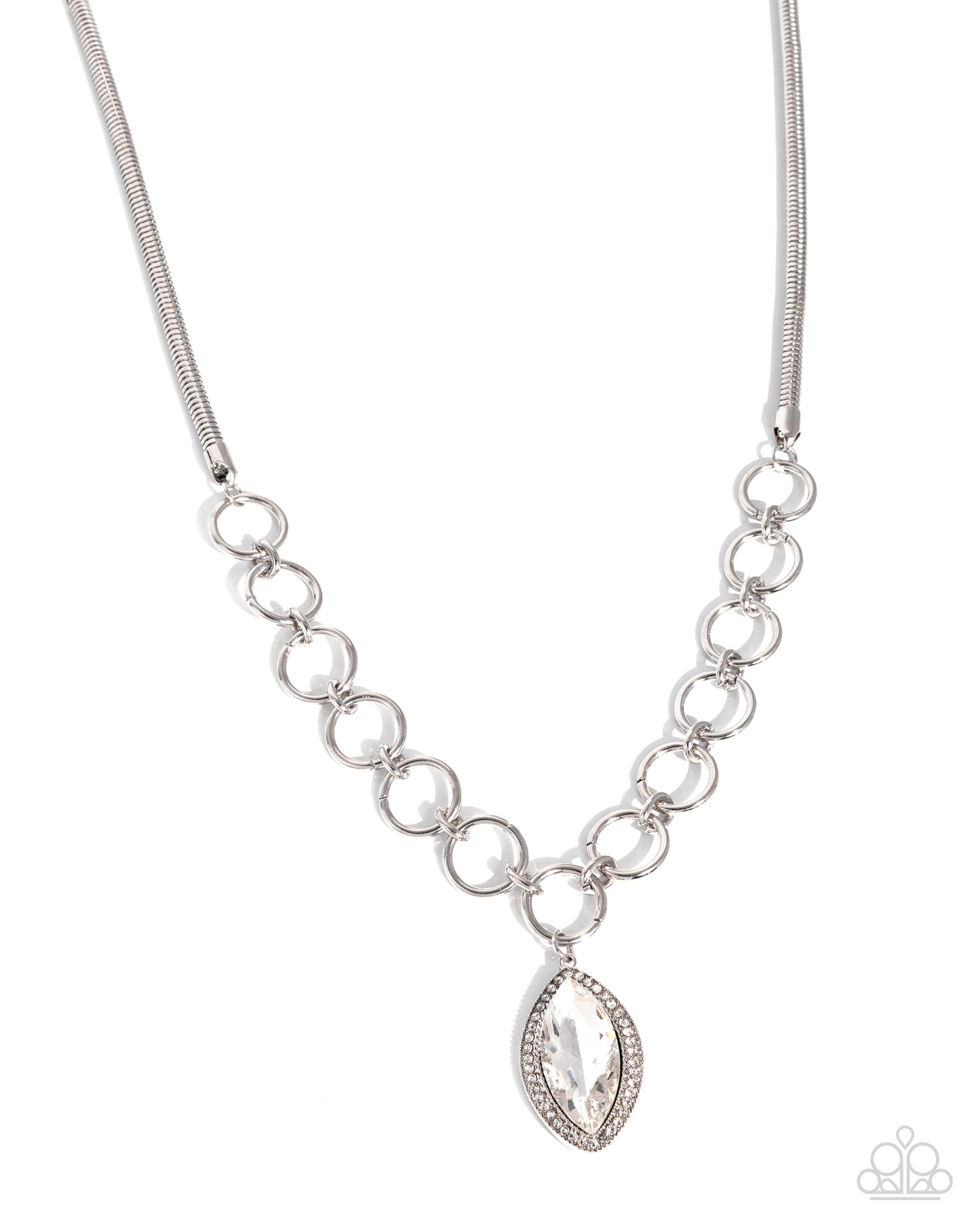 Silver chain necklace with a teardrop pendant on a white background