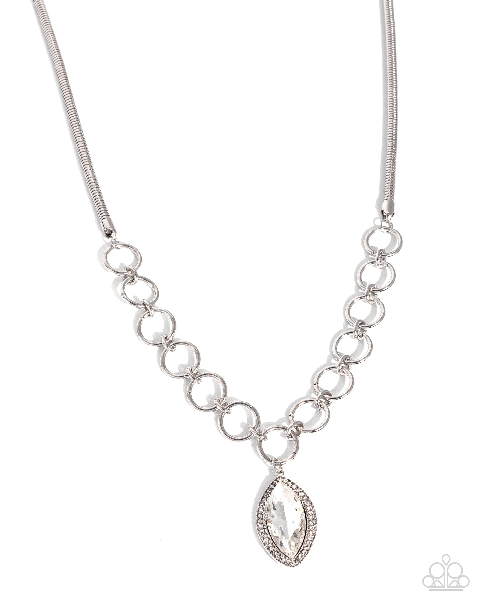 Silver chain necklace with a teardrop pendant on a white background