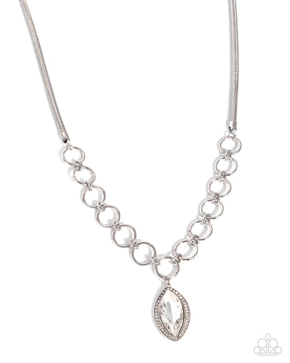 Silver chain necklace with a teardrop pendant on a white background