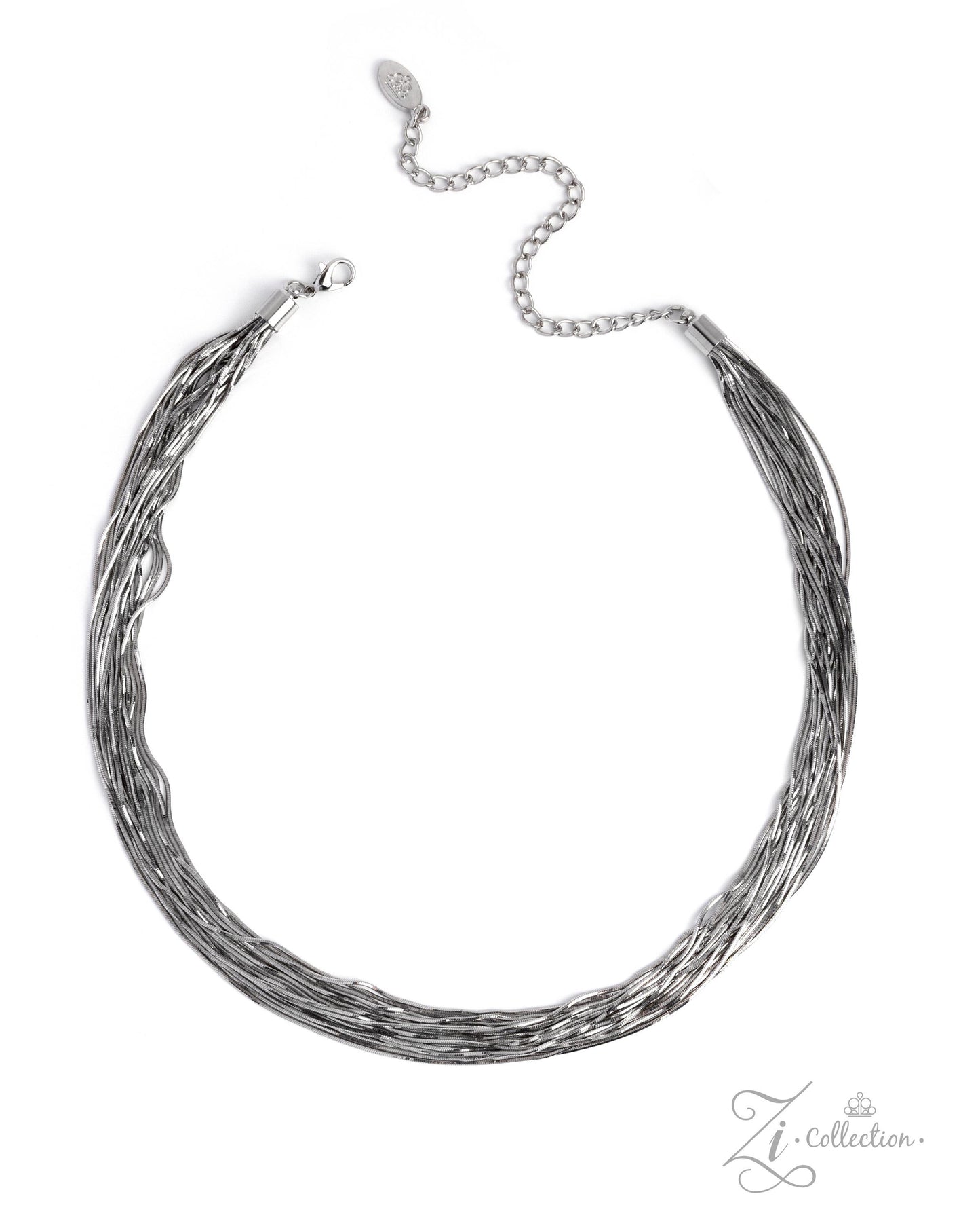 A silver-toned multi-strand wire choker necklace with an adjustable chain extender and lobster clasp, displayed on a clean white background.