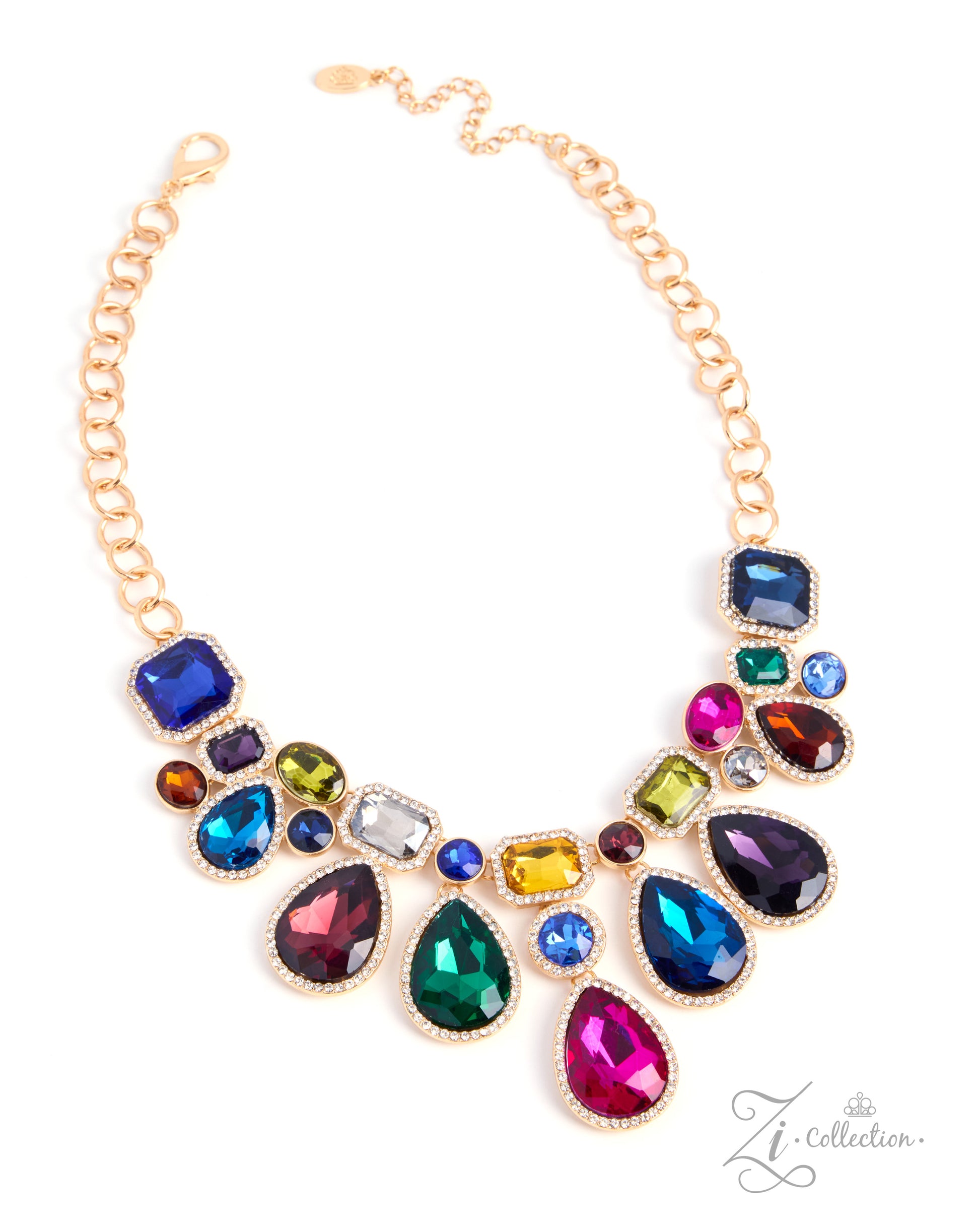 A gold-tone chain necklace with a wide bib-style arrangement of multicolored faceted rhinestones in various shapes, including teardrops, squares, and round stones, shown on a plain white background.
